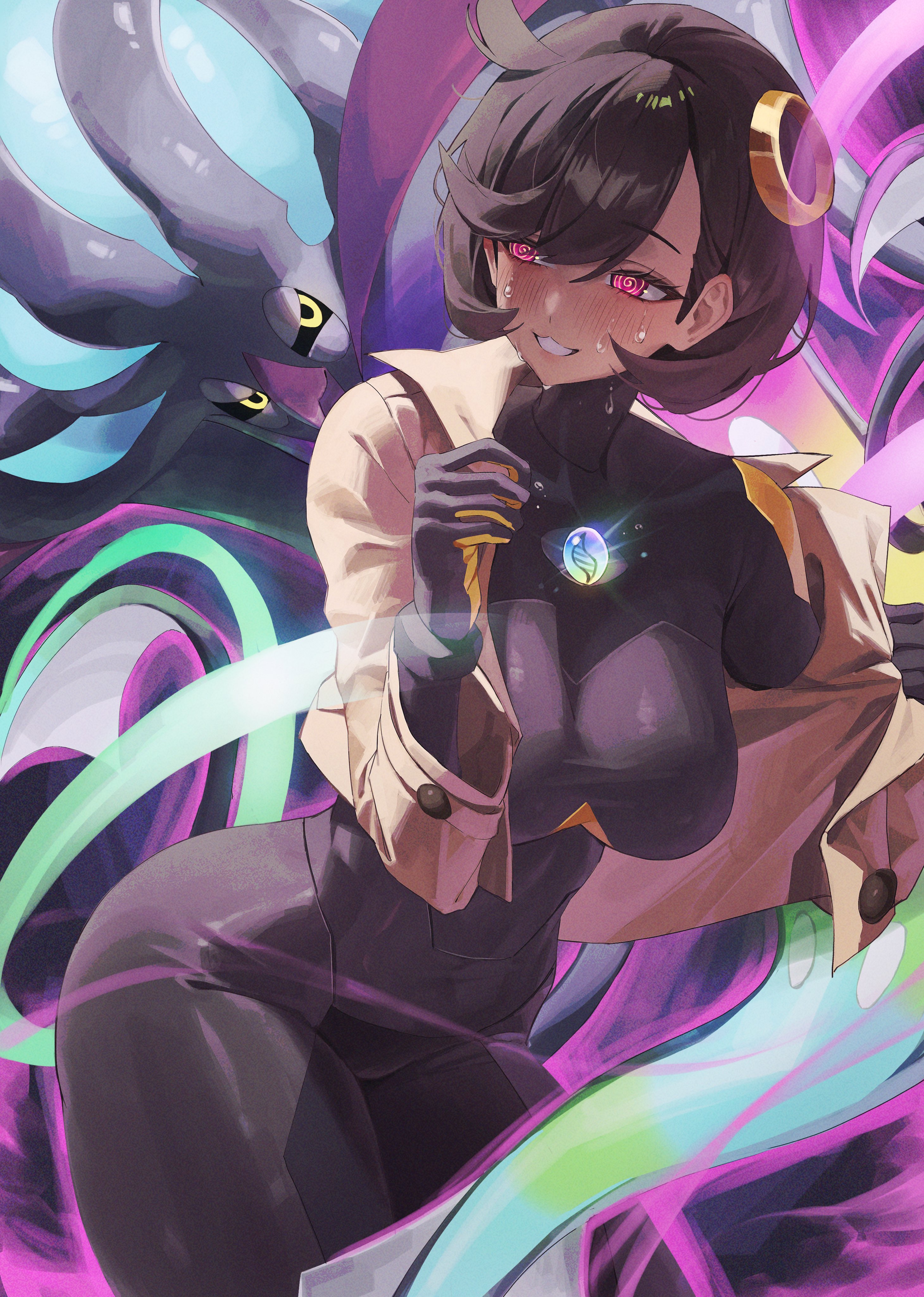 1girls, absurdres, black bodysuit, black gloves, black hair, bodysuit, breasts, brown jacket, calamanero, cameltoe, commentary, corruption, dark skin, dark-skinned female, emma (pokemon legends: z-a), emma (pokemon), female, femsub, game freak, gloves, highres, hipnoseta, hipnosis, hypnosis, jacket, large breasts, latex, latex bodysuit, malamar, matiere (pokemon legends: z-a), matiere (pokemon), mega calamanero, mega malamar, mega stone, mind control, netural, nintendo, pink eyes, pokemon, pokemon legends: z-a, short hair, side ahoge, solo, sweat, sweaty, symbol-only commentary, two-tone gloves, yellow gloves