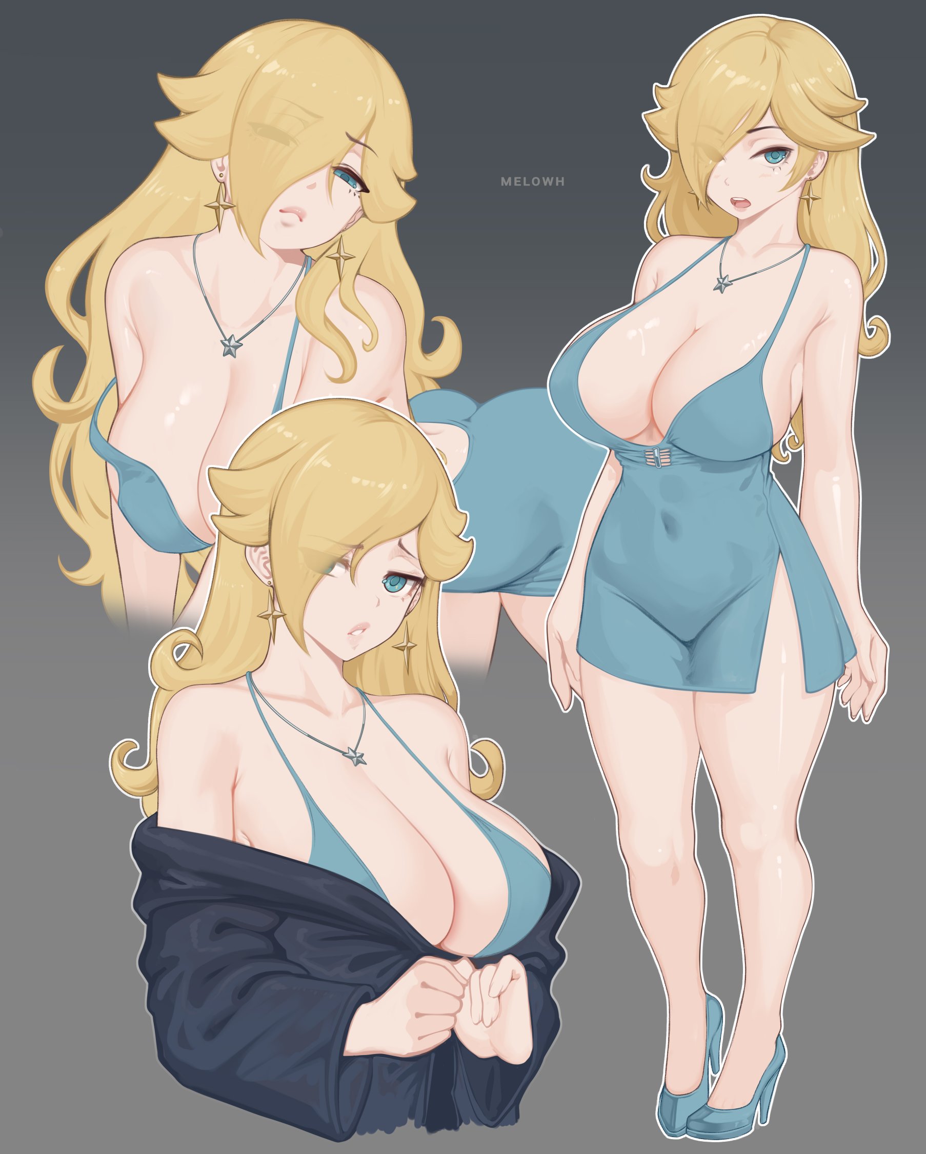 1girls, breasts, dress, female, female focus, female only, high heels, large breasts, light skin, light-skinned female, looking at viewer, mario (series), melowh, princess rosalina, solo, thighs, wide hips