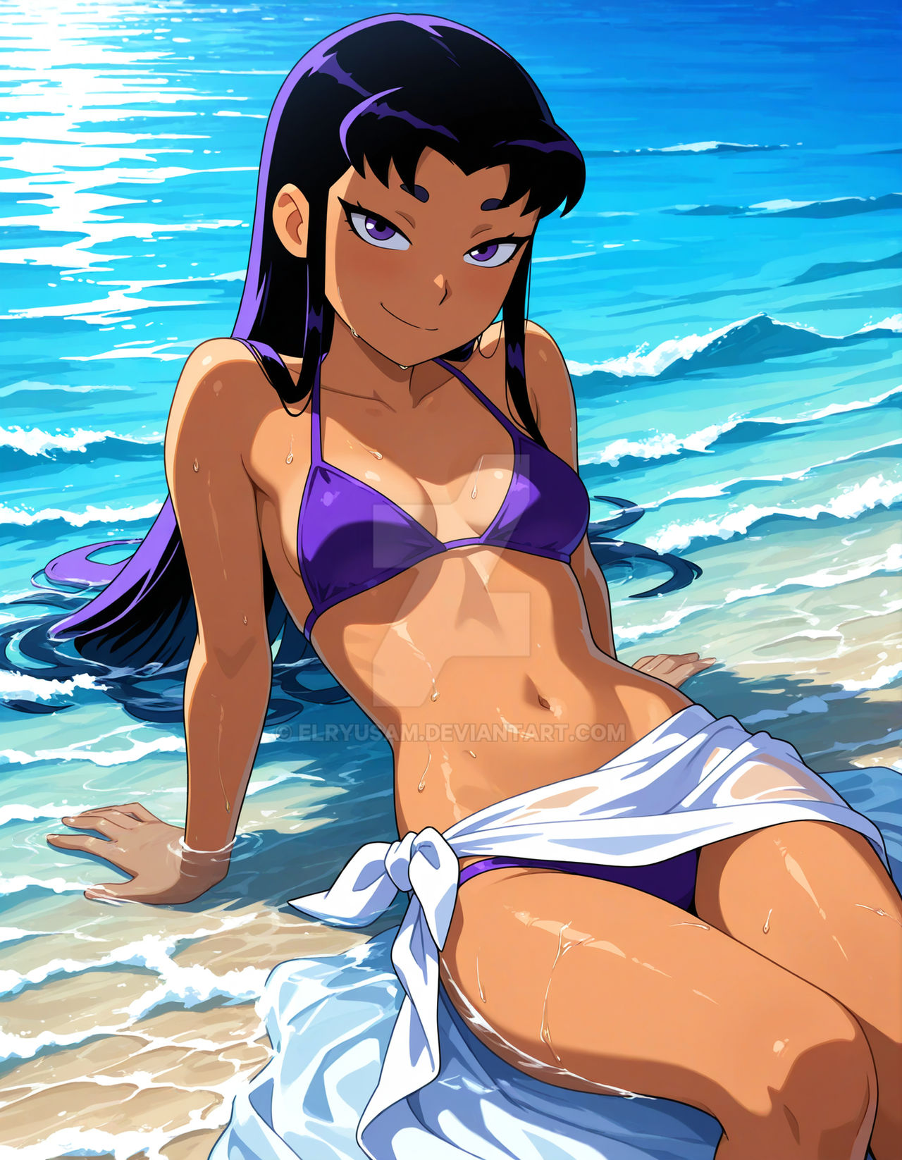 2025, ai generated, beach background, belly, bikini under skirt, black dot eyes, blackfire, cartoon network, closed mouth smile, deviantart, elryusam, female, female only, grinning at viewer, hand on sand, hand on water, looking at viewer, purple bikini, purple eyebrows, purple eyes female, purple hair female, sea background, sitting on sand, sitting on water, smile at viewer, smiling at viewer, solo, teen titans, towel around body, tummy, warner bros. animation, wet body, wet face, wet head, wet towel, white towel