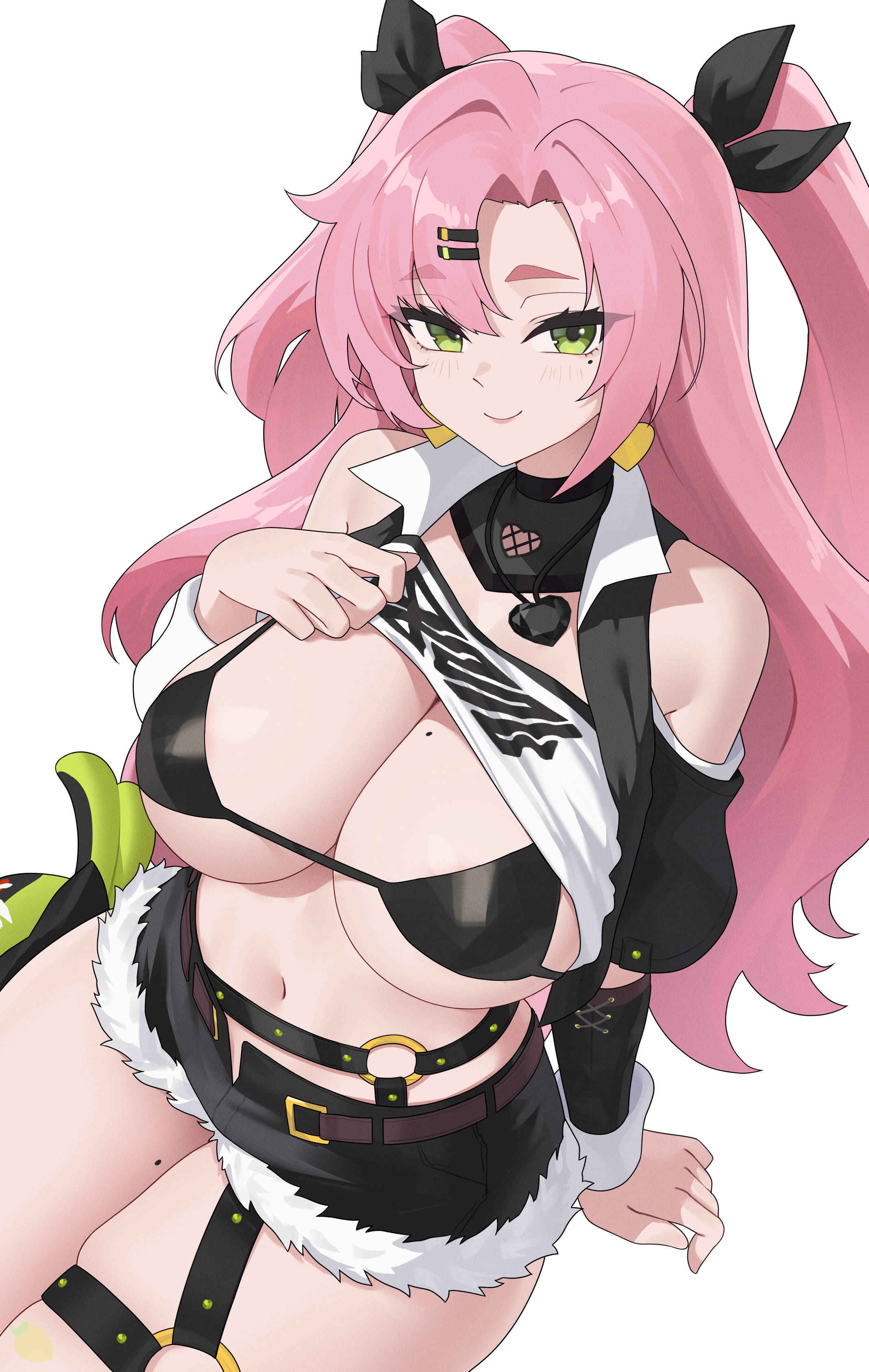 1girls, absurdres, bikini, bikini under clothes, black bikini, black ribbon, breasts, clothes lift, giyeodeo, green eyes, hair ornament, hair ribbon, hairclip, highres, large breasts, long hair, looking at viewer, mole, mole on breast, mole on thigh, mole under eye, navel, nicole demara, open fly, pink hair, ribbon, shirt lift, short shorts, shorts, simple background, smile, solo, swimsuit, white background, zenless zone zero