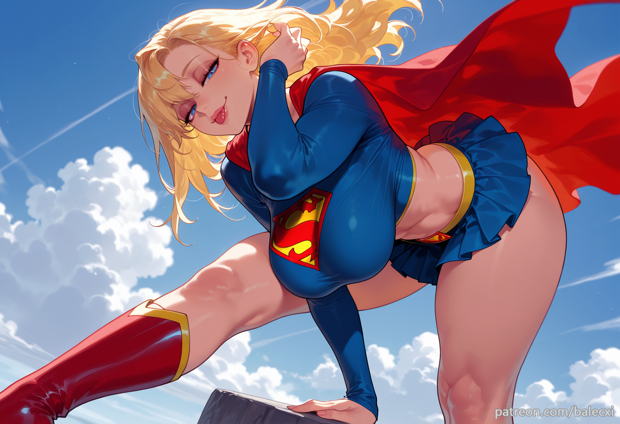 ai generated, balecxi, bent over, blonde hair, blue eyes, blue skirt, boots, cloud, crop top, dc, dc comics, female, kara zor-el, large breasts, long hair, long sleeves, looking at viewer, midriff, red cape, sky, solo, supergirl, supergirl (series), superman (series), thighs