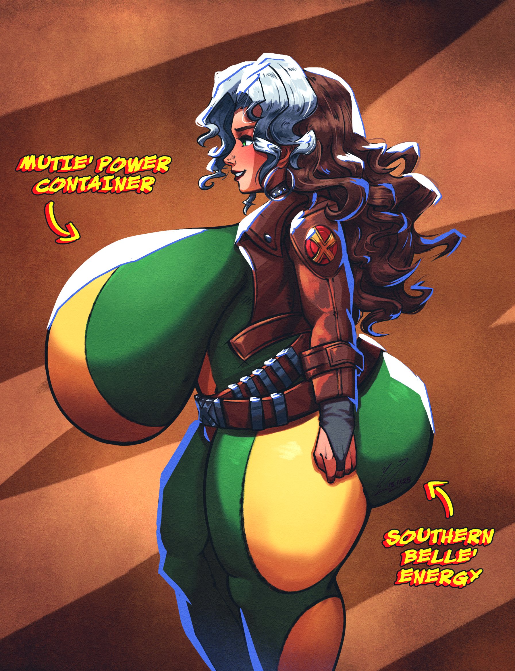 1girls, bodysuit, breasts, breasts bigger than ass, breasts bigger than head, brown hair, brown jacket, evil container, from side, gigantic breasts, green eyes, hoop earrings, long hair, long sleeves, marvel, marvel rivals, massive ass, massive breasts, meme, mutant (marvel), red lips, rogue (marvel rivals), rogue (x-men), smile, solo, solo female, thick thighs, vante light, white hair, x-men