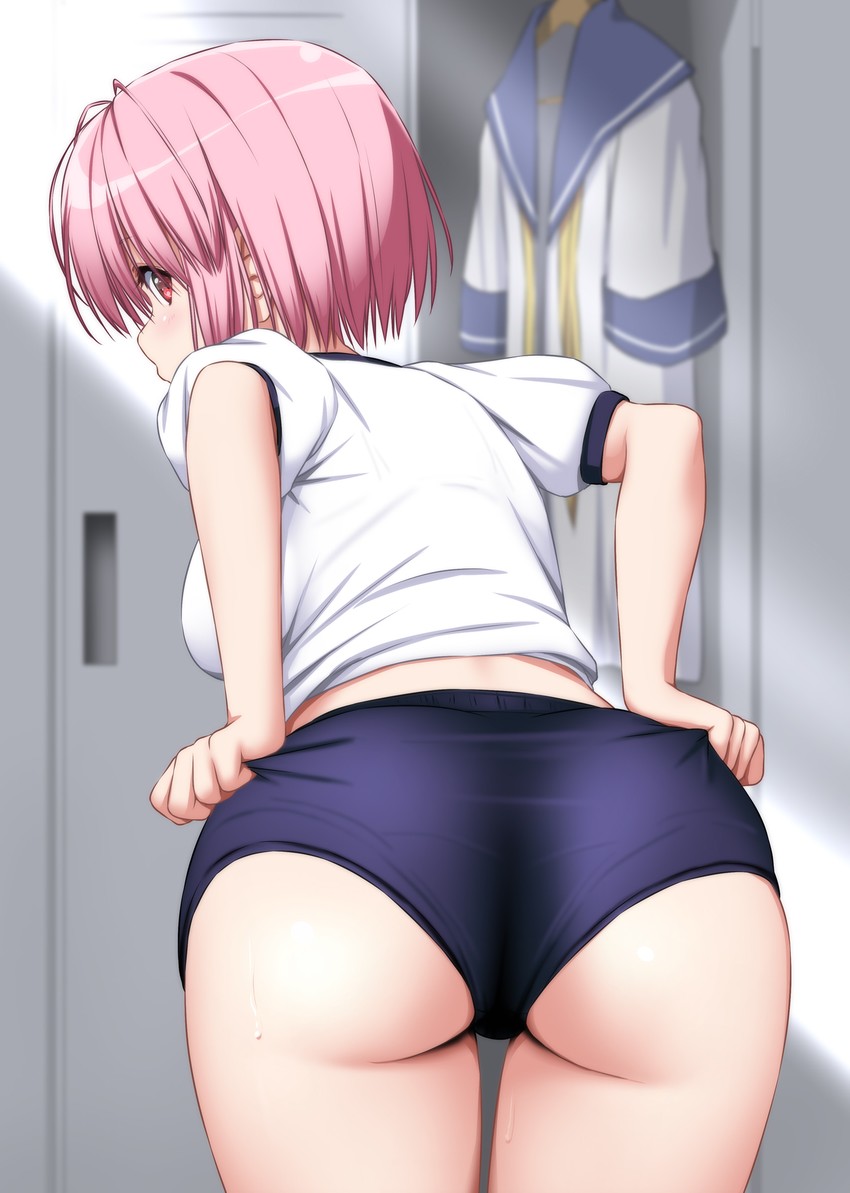 ass big_butt blue_buruma buruma butt cowboy_shot from_behind gym_shirt gym_uniform huge_butt indoors large_butt leaning_forward looking_at_viewer looking_back midriff_peek no_headwear nori_tamago pink_hair puffy_short_sleeves puffy_sleeves red_eyes school_uniform serafuku shirt short_hair short_sleeves solo standing thighs touhou white_shirt yuyuko_saigyouji