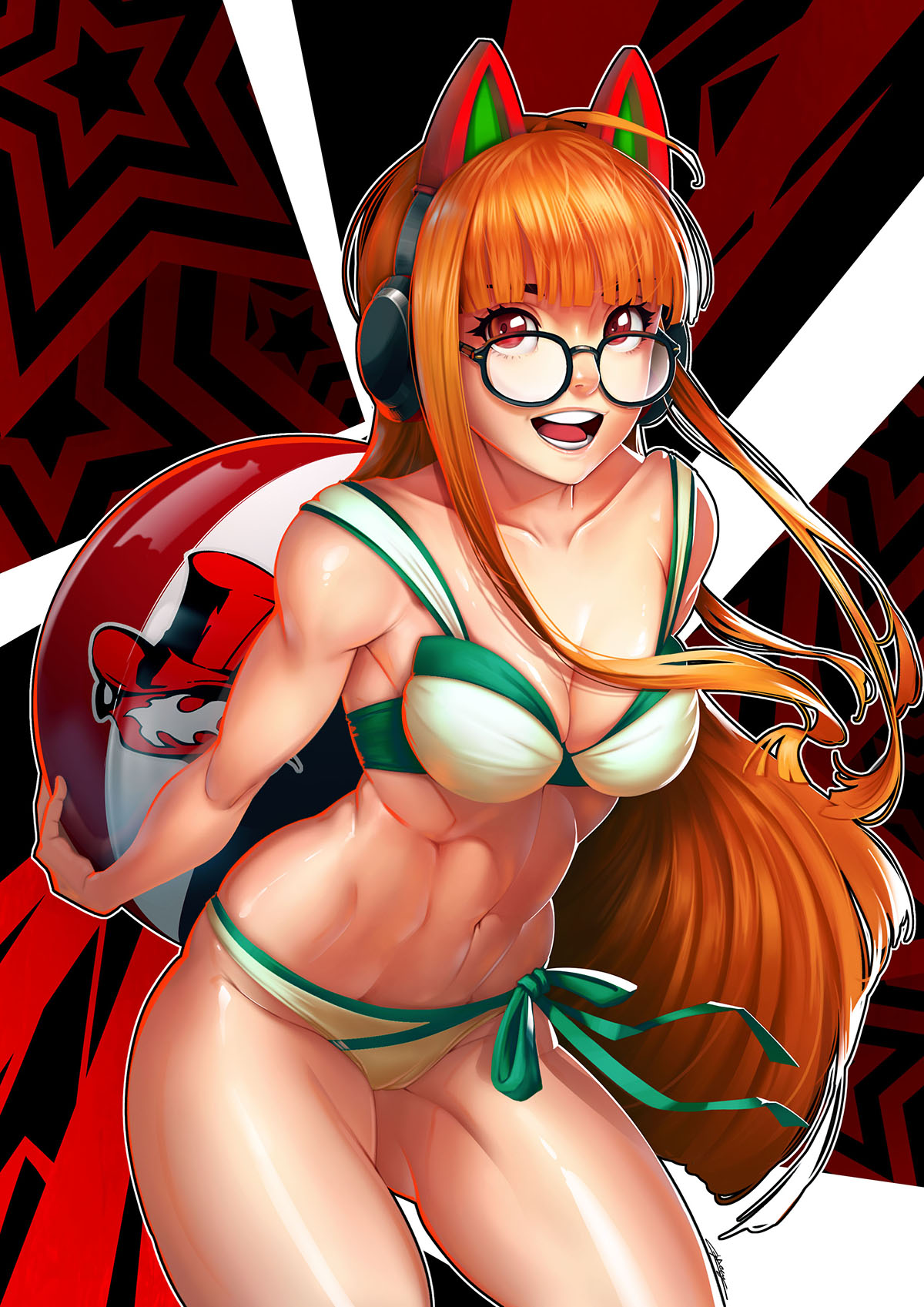 atlus beach_ball bikini breasts cat_ears cute female female_only glasses green_bikini happy headphones long_hair megami_tensei muscular muscular_female nemodecy orange_hair partially_nude persona persona_5 red_background red_eyes sakura_futaba sega solo