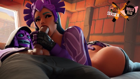 1boy 1girls big_penis black_gloves black_pants blowjob blue_hair clothed fortnite grabbing_ass green_shirt mask masked_male mezmer numbasnsfw orange_background panties_down penis_out purple_mask purple_shirt sixser sucking sucking_penis sunbird