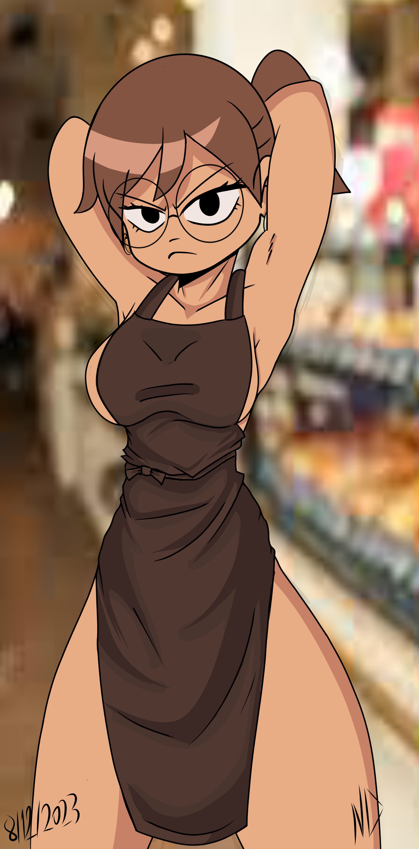 1girls, apron, armpits, arms behind head, arms up, barista, black eyes, brown hair, earrings, female, glasses, hoop earrings, julie powers, nachomega, naked apron, nude, nude female, partially clothed, ponytail, scott pilgrim, short hair, solo, solo female, workplace
