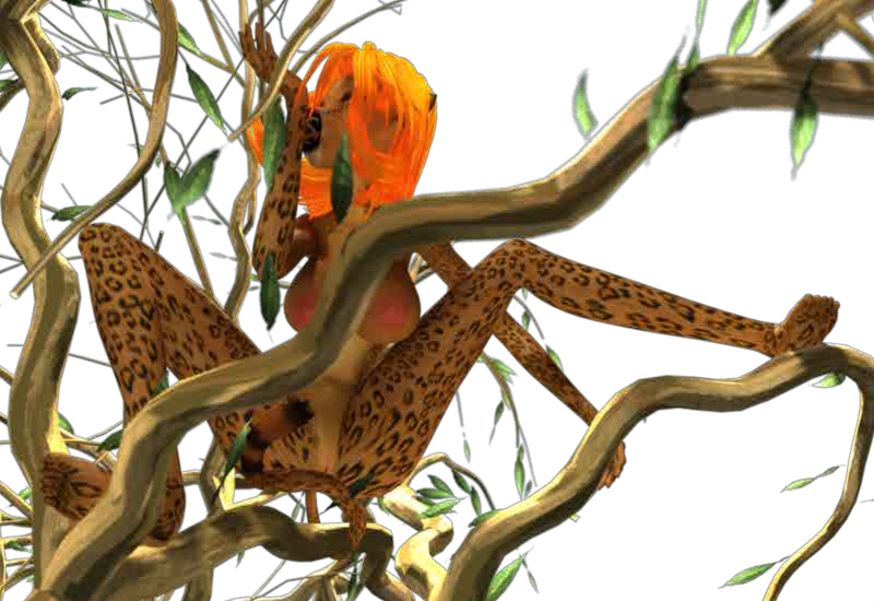 3d 3dgspot anthro breasts feline female humanoid jaguar jungle_heat large_breasts mammal meanne orange_hair solo spots spotted_skin tree