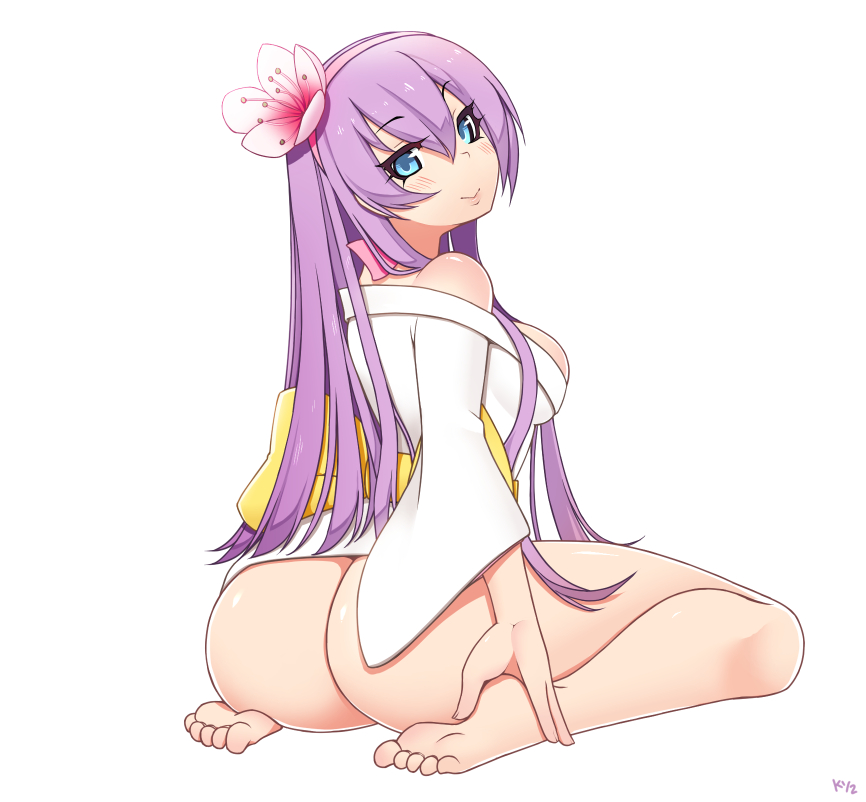 ass bare_shoulders barefoot blue_eyes blush bow breasts female flower hair_flower hair_ornament hairband kimono kuroonehalf long_hair looking_at_viewer looking_back lou_roux obi purple_hair shinkon_gattai_godannar!! sideboob simple_background smile solo wariza white_background