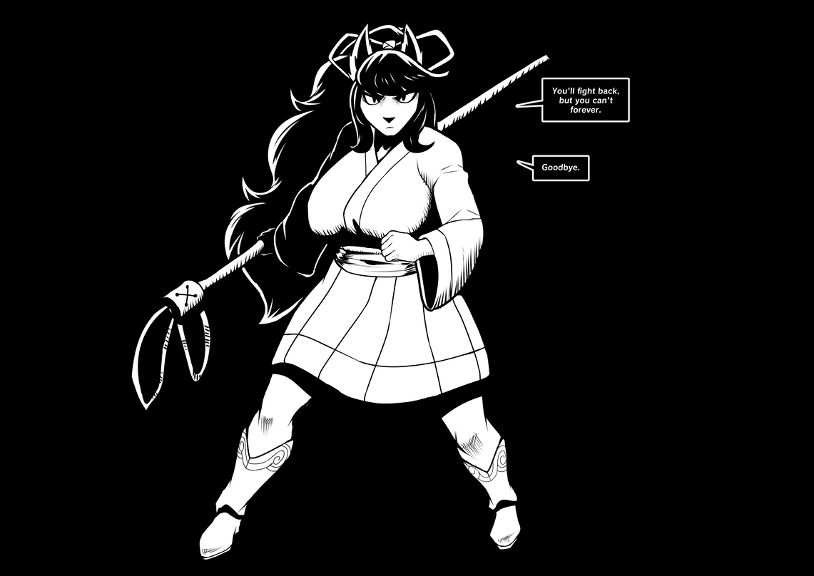1girls, 2d, artist request, big breasts, breasts, ceroba (undertale yellow), ceroba ketsukane, clothed, dialogue, english, english text, female, fox, fox girl, furry, kitsune, milf, monochrome, monster, monster girl, serious, simple background, solo, standing, talking, talking to viewer, text, thick thighs, undertale, undertale (series), undertale fanfiction, undertale yellow
