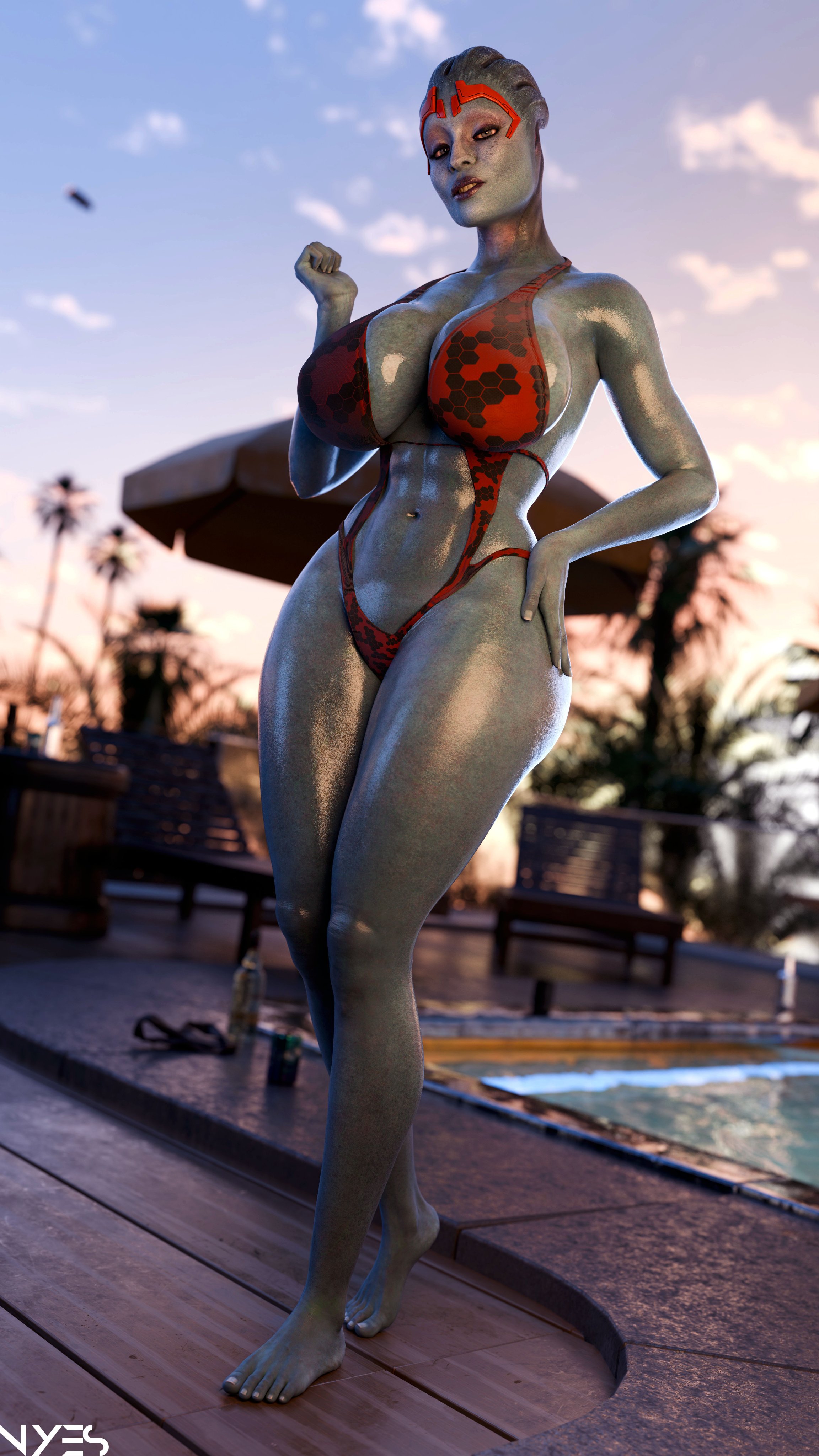1girls, 3d, alien, alien girl, areolae, asari, ass, big ass, big breasts, bikini, blender (software), blue skin, breasts, curvy, feet, female, female only, hourglass figure, huge ass, huge breasts, mass effect, navel, nipples, nyes117, oiled, oiled skin, plump, samara, solo, swimsuit, thick thighs, wide hips