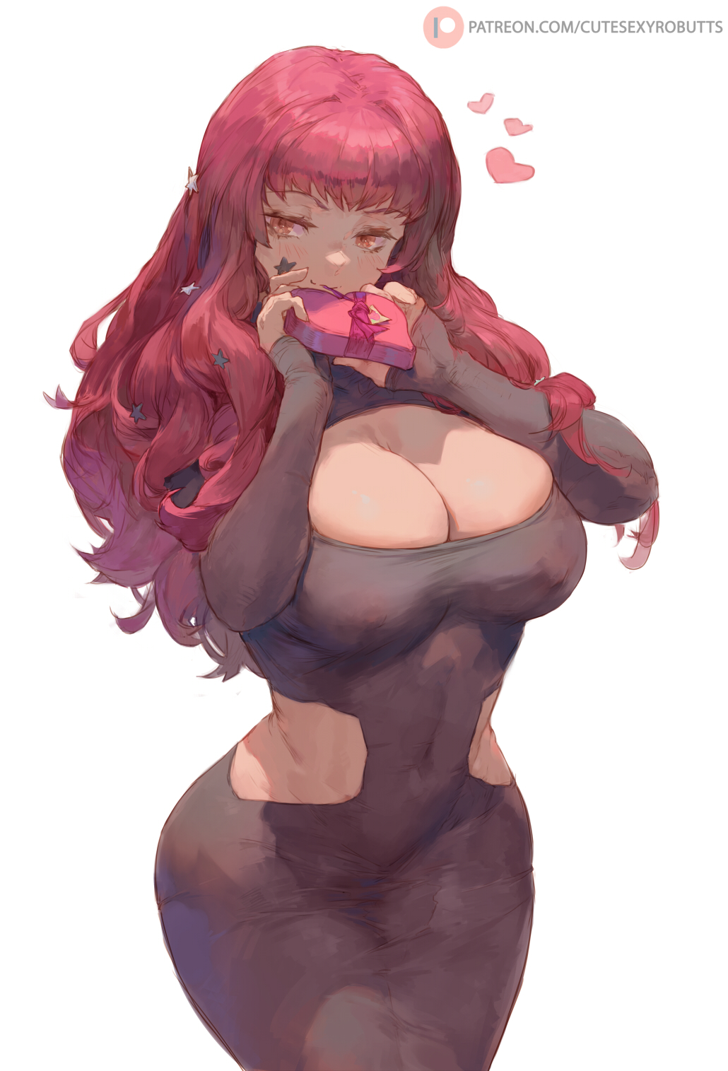 2d artist_name black_dress blush boob_window box breasts cleavage cleavage_cutout clothing_cutout covered_navel curvy cutesexyrobutts dress facial_mark female fire_emblem fire_emblem_engage hair_ornament heart heart-shaped_box hearts_around_head highres hip_vent holidays large_breasts long_hair nintendo red_hair red_head side_cutout simple_background sleeves_past_wrists smile solid_color_background solo star_(symbol) star_facial_mark star_hair_ornament stars_in_hair thick_thighs valentine valentine's_day watermark white_background yunaka_(fire_emblem)