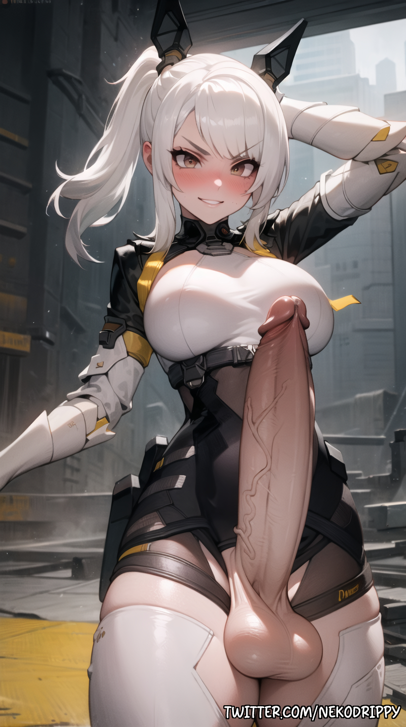 ai_generated big_penis futa_only futadom futanari futanari game holding_penis huge_cock huge_cock karenina_(punishing:_gray_raven) latex nekodrippy precum precum_drip punishing:_gray_raven smug smug_face stable_diffusion twintails white_hair