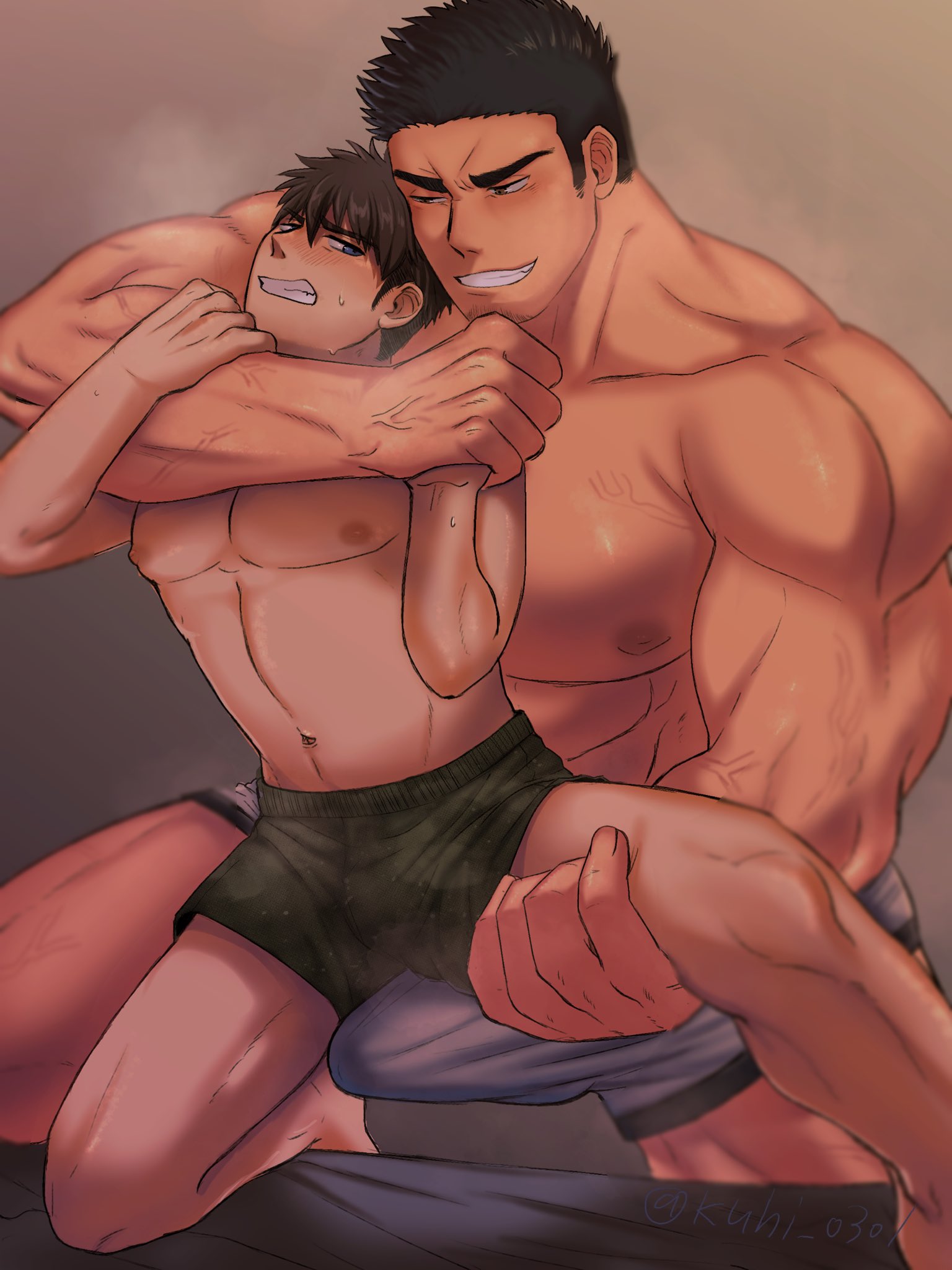2boys, abs, bara, big dom small sub, choking, gay, gay domination, gay sex, holding, imminent penetration, imminent sex, kuhi 0301, male, muscular, muscular male, size difference, yaoi