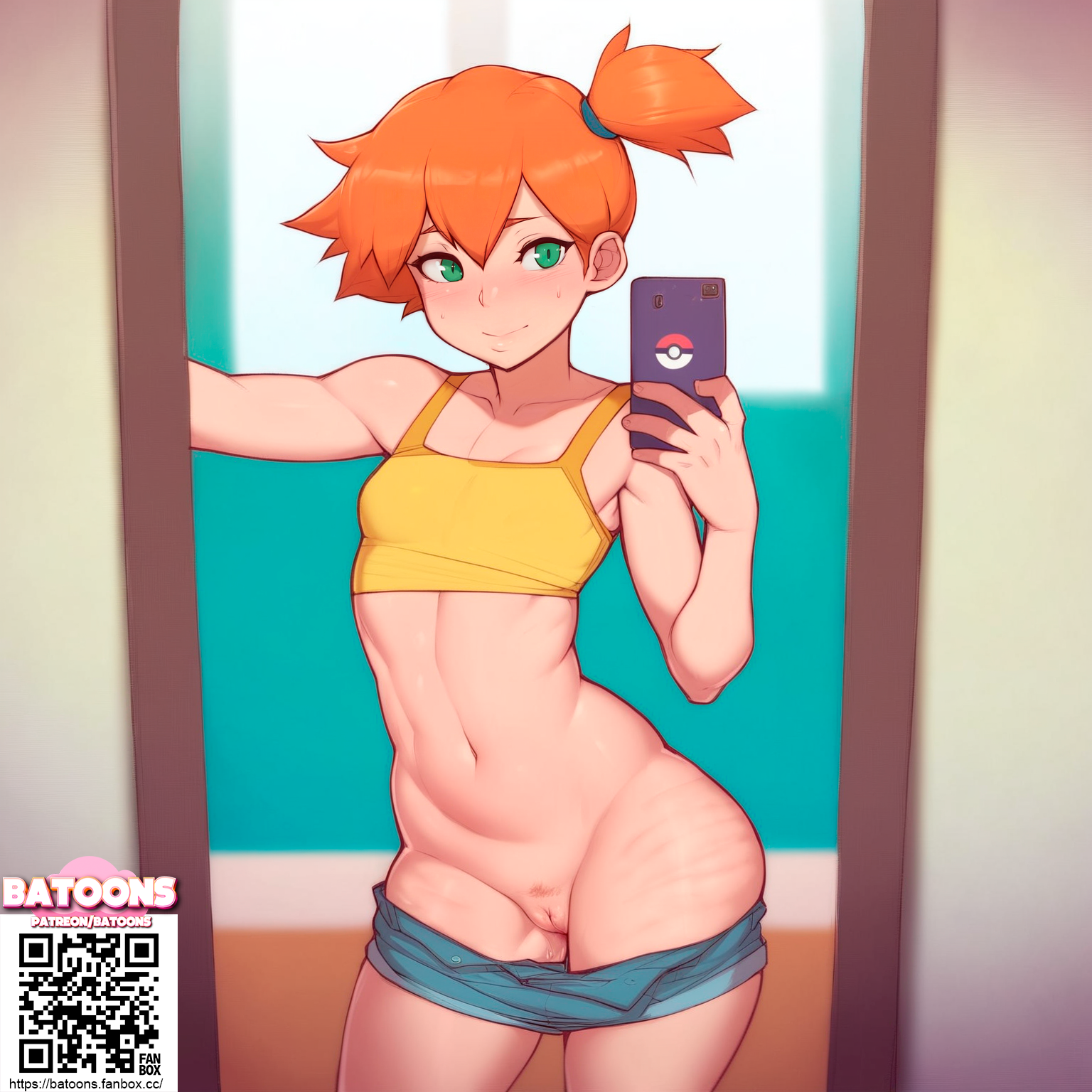 ai generated, batoons, bottomless, female, game freak, green eyes, highres, kasumi (pokemon), mirror, nintendo, no panties, non-web source, orange hair, poke ball, pokemon, pokemon (anime), pubic hair, pussy, shirt, shorts, smile, solo, uncensored, undressing, yellow shirt
