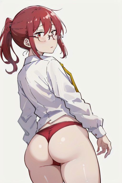1girls, ai generated, alessanderia, ass, ass focus, big ass, female, glasses, kobayashi, kobayashi-san chi no maidragon, long sleeves, miss kobayashi's dragon maid, no pants, ponytail, red eyes, red hair, red panties, shirt, short hair, simple background, solo, solo female, thighs, white background, white shirt
