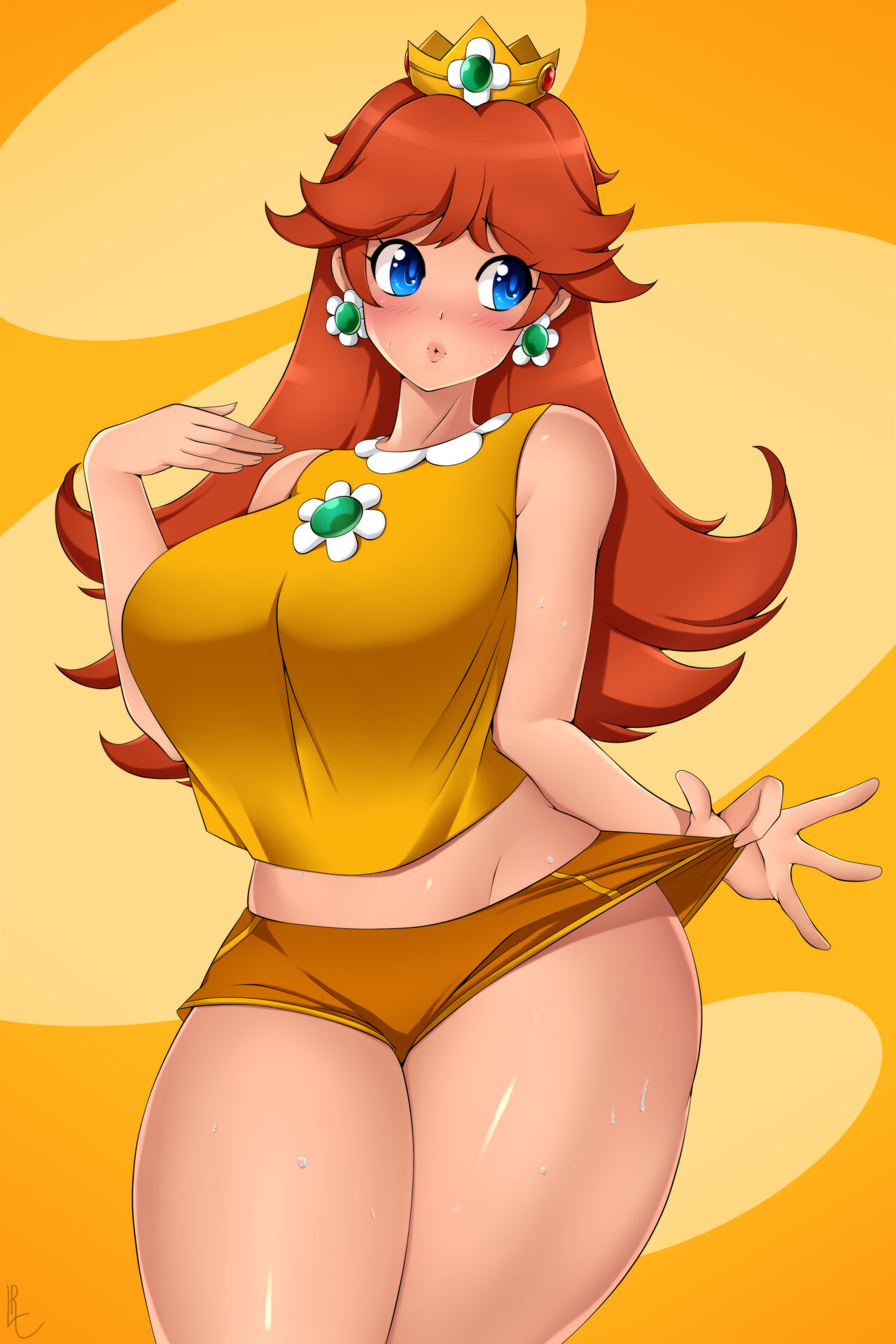 1girls, bimbo, blue eyes, breasts, brown hair, clothing, female, female only, fully clothed, lindaroze, long hair, mario (series), mario tennis, orange background, orange shorts, princess daisy, simple background, solo, standing, tagme, thighs, workout clothes