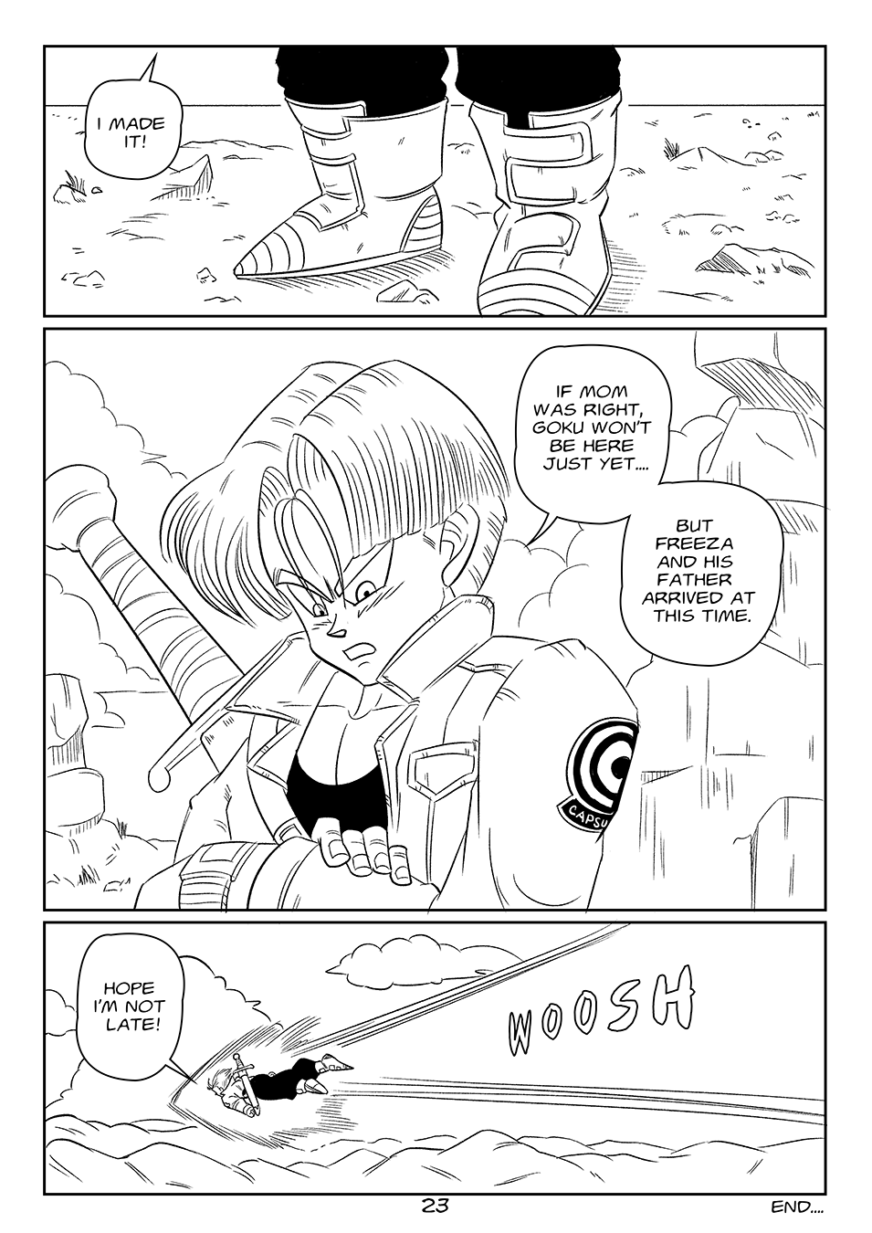 1boy black_and_white comic dragon_ball end_page flying funsexydragonball future_trunks monochrome page_23 sword