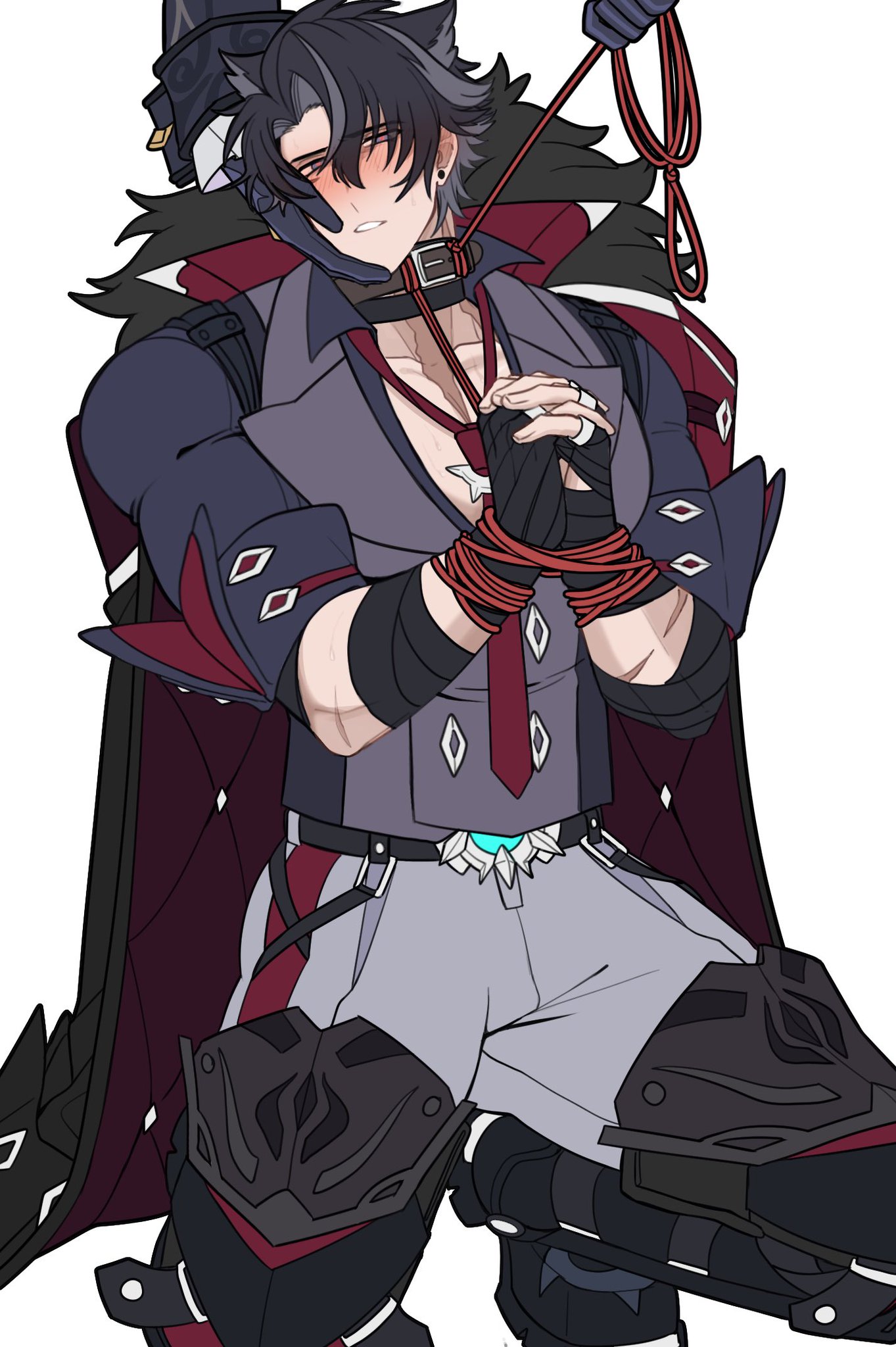 2boys, bondage, clothed, collar, gay, genshin impact, hoyoverse, juju eateatuwu, kneeling, leash, leash and collar, leash pull, male, male focus, male only, male/male, malesub, mihoyo, neuvillette (genshin impact), restrained, rope bondage, wriothesley (genshin impact), yaoi