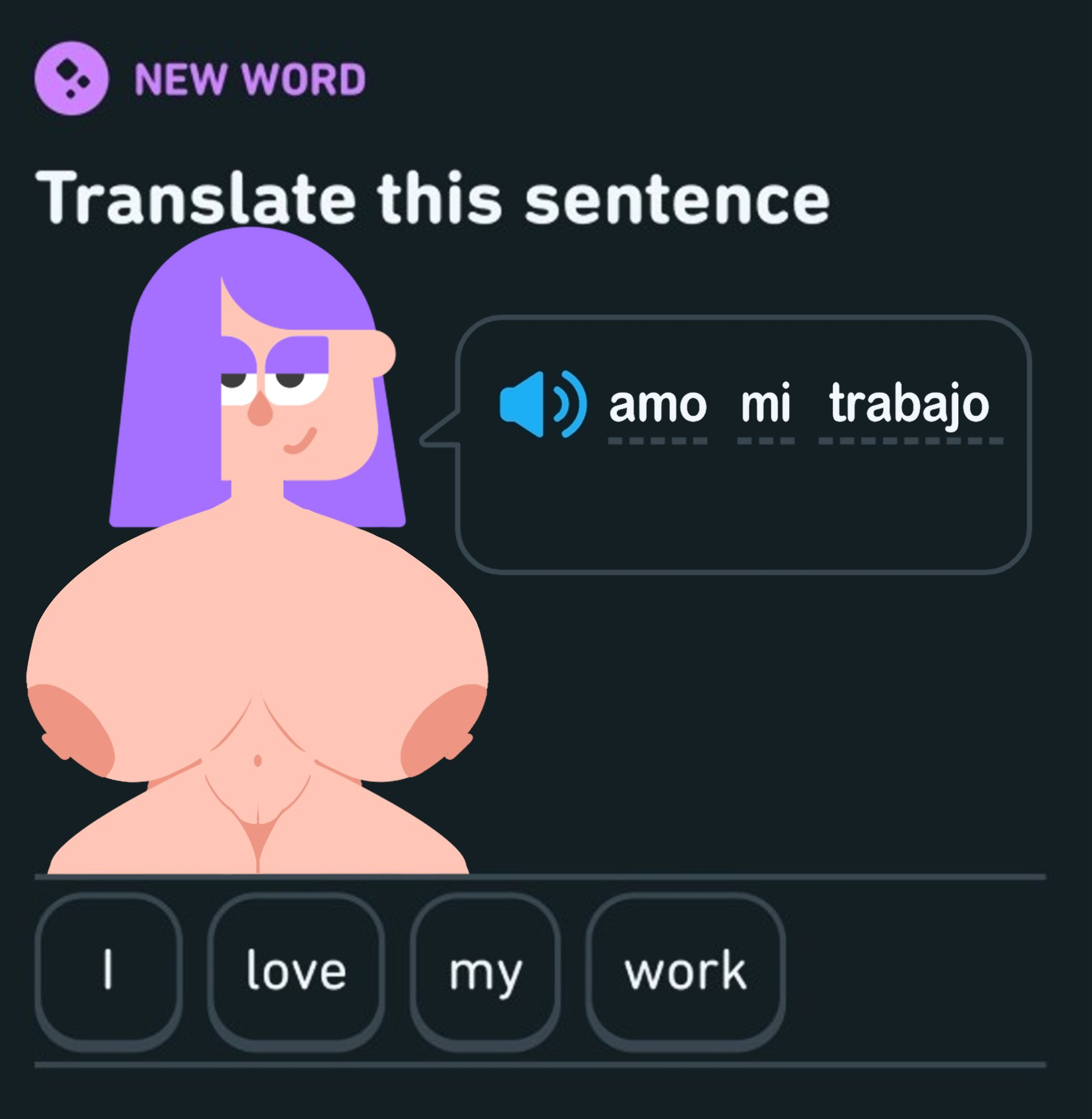 1girls, accurate art style, alternate breast size, areolae, big breasts, breasts, completely nude, duolingo, english text, español, female, female only, huge breasts, lagarre, large breasts, lily (duolingo), long hair, naked, naked female, nipples, no outlines, nude, nude female, purple hair, pussy, smile, solo, solo female, spanish text, text, translated