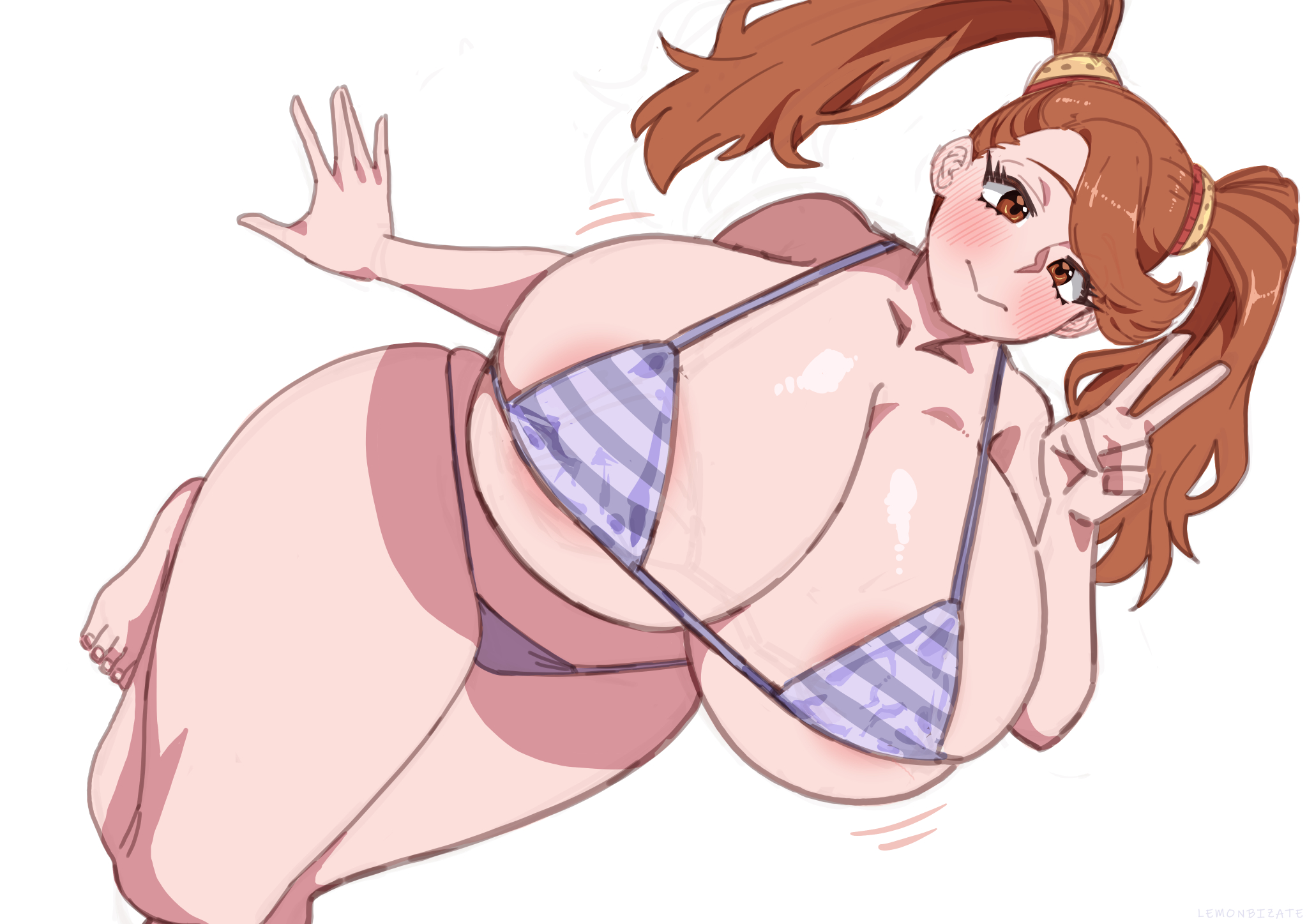 1girls, alternate breast size, areolae, big breasts, bikini, bikini bottom, bikini top, breasts, brown eyes, brown hair, chubby female, female, female only, gundam, gundam build fighters, gundam build fighters try, huge breasts, large breasts, lemonbizate (artist), plump, sazaki kaoruko, smile, solo, solo female, thick thighs, thighs, twintails, voluptuous