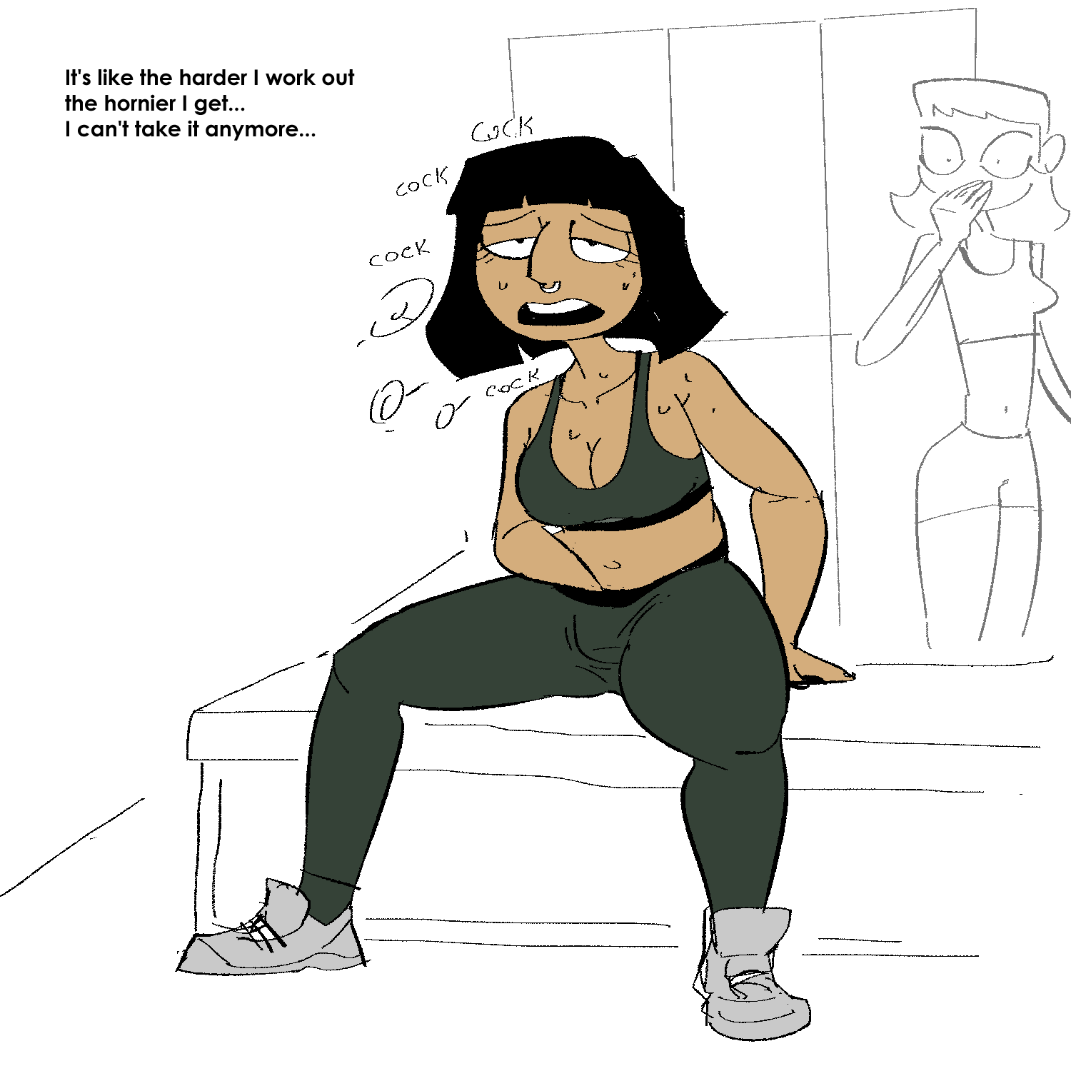 brown_skin bystander caringtongue caught caught_masturbating chrissy_(caringtongue) clothed female gym masturbation moonlordress nose_ring original sweat text