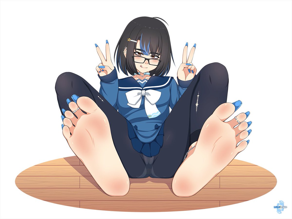 1girls anklet barefoot black_hair black_legwear dragon_girl feet female foot_fetish foot_focus girly glasses hair_pin long_fingernails long_toenails louise_(lululewd) lululewd sailor_uniform short_hair soles solo_female sticking_out_tongue toe_ring toe_rings toenail_polish toenails toes torn_legwear v-sign