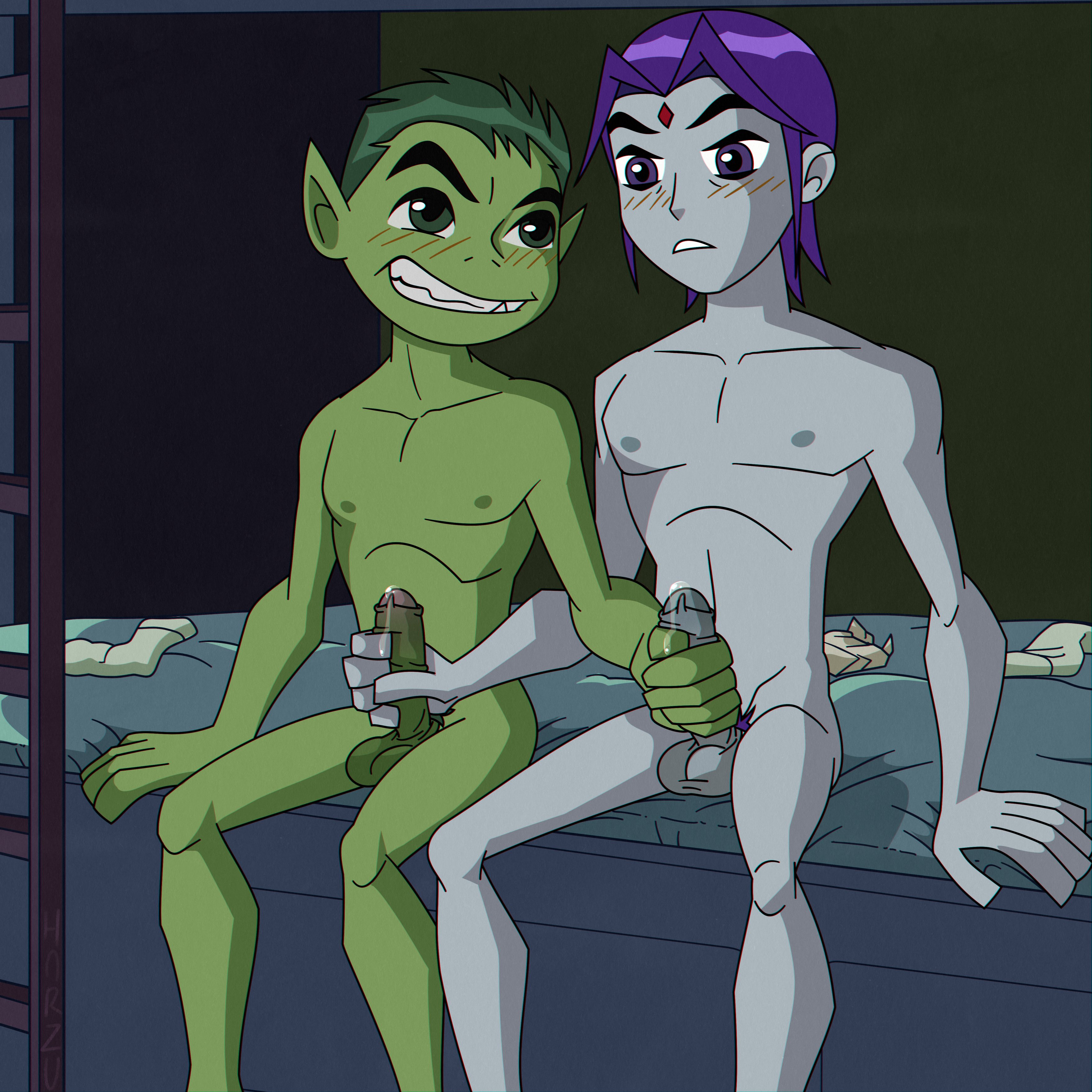 2boys, beast boy, boner, dc, dc comics, erection, foreskin, gay, genderswap, genderswap (ftm), handjob, harzu, male, male only, male/male, mutual masturbation, nude, penis, raven (dc), rule 63, sitting, teen titans, twink, uncensored, uncircumcised, yaoi