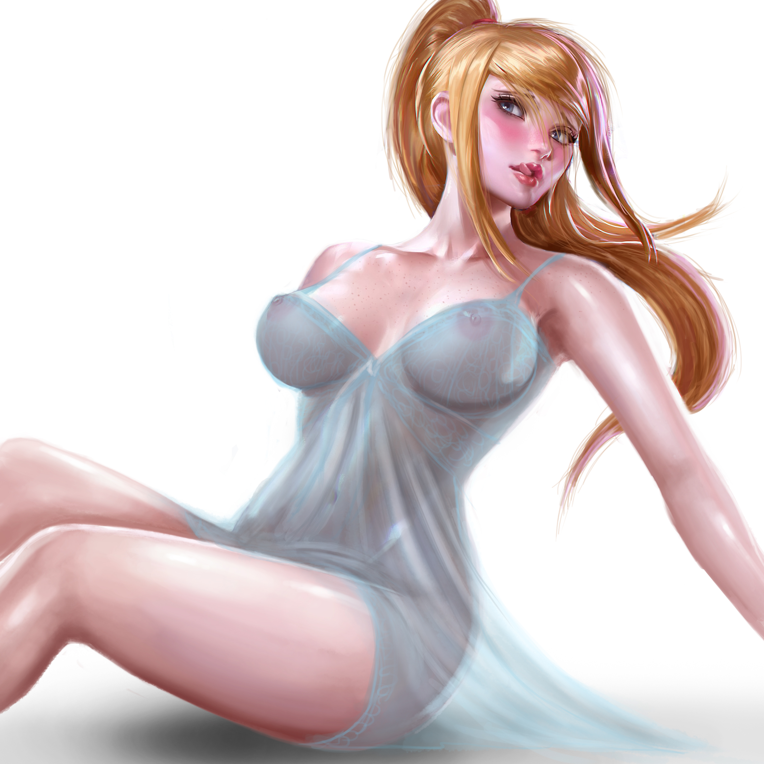 artist request, blonde hair, blue eyes, breasts, dress, female, large breasts, metroid, nintendo, nipples, ponytail, samus aran, see-through, sitting, solo, tied hair