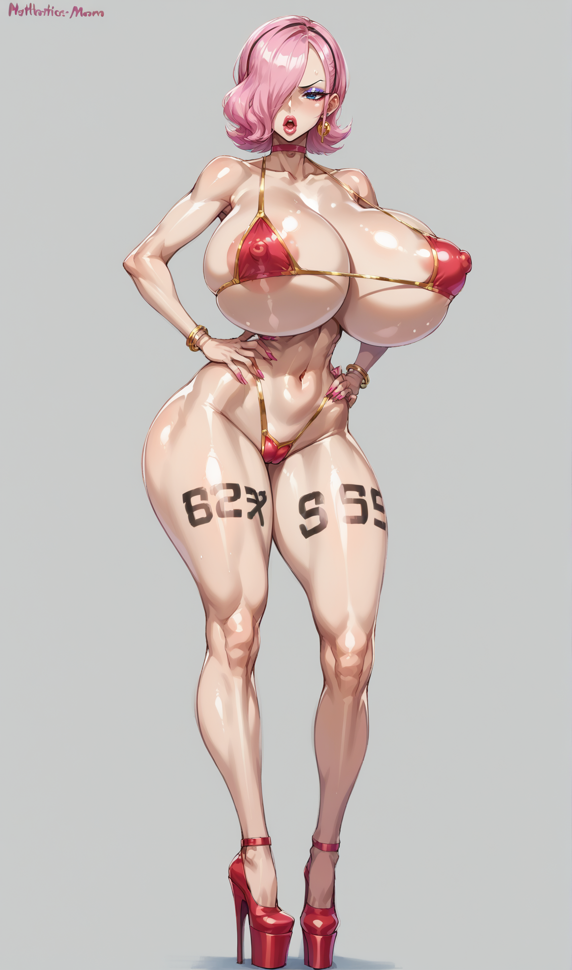 1girls, ai generated, areola slip, bikini, bimbo, bimbo body, bimbo lips, bimbofication, bimbofied, body writing, breasts, breasts bigger than head, covered nipples, female, female only, heels, high heels, lips, lipstick, one piece, otace, pink hair, platform heels, solo, vinsmoke reiju