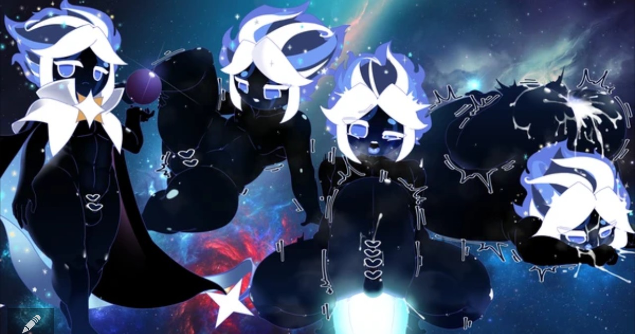 1boy, 1femboy, ahegao, censored, censored penis, cookie run, cumflated belly, cumflation, cute, femboy, gay, hyper, hyper cumflation, inflation, looking at viewer, low res, male, male focus, male only, no nose, noseless, opqhlak, penetration, penis, small penis, solo, stardust cookie