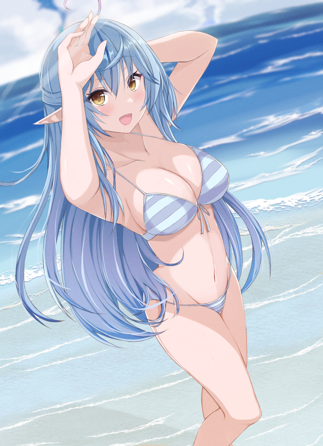 1girls ahoge arms_up beach bikini blue_bikini blue_hair blurry_background chimunge cleavage cloud clouds collarbone eyebrows_visible_through_hair female front-tie_bikini hololive hololive_gen_5 hololive_japan large_breasts light-skinned_female light_skin long_hair looking_at_viewer ocean open_mouth outside sky smile solo standing straight_hair striped striped_bikini stripes virtual_youtuber water wave waves yellow_eyes yukihana_lamy