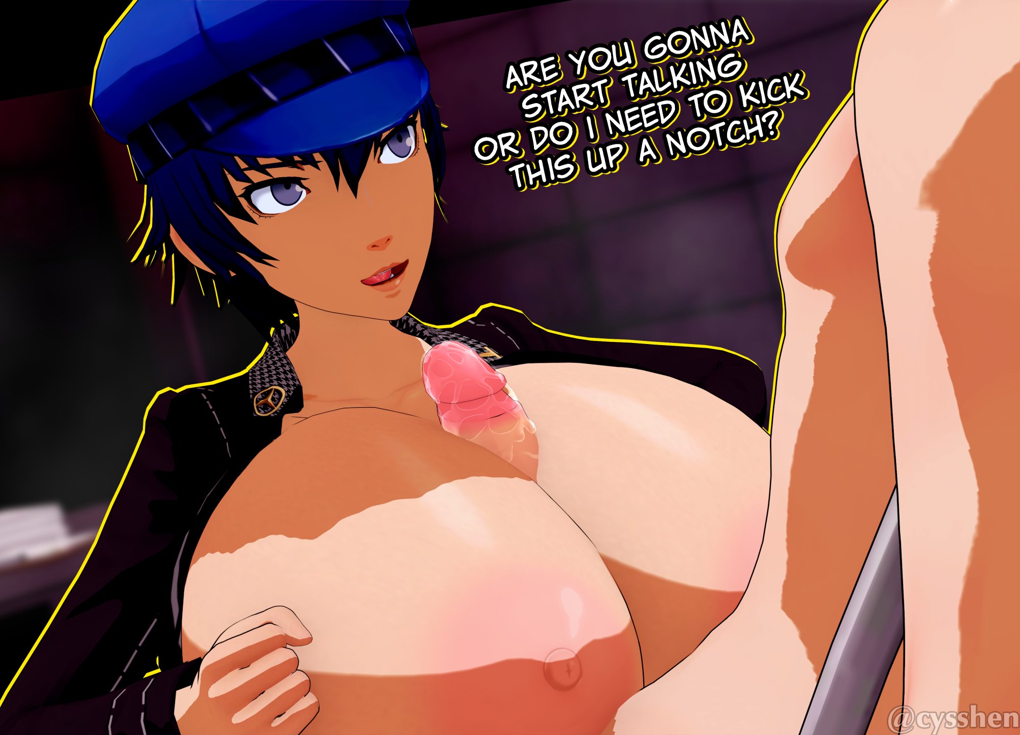 1boy, 1girls, 3d, alternate breast size, asian, asian female, atlus, big breasts, breasts, cyshen, detective, dialogue, english text, female, gigantic breasts, huge breasts, human, interrogation, large breasts, male, paizuri, paizuri lead by female, paizuri on lap, pale skin, persona, persona 4, shirogane naoto, straight, text, tomboy