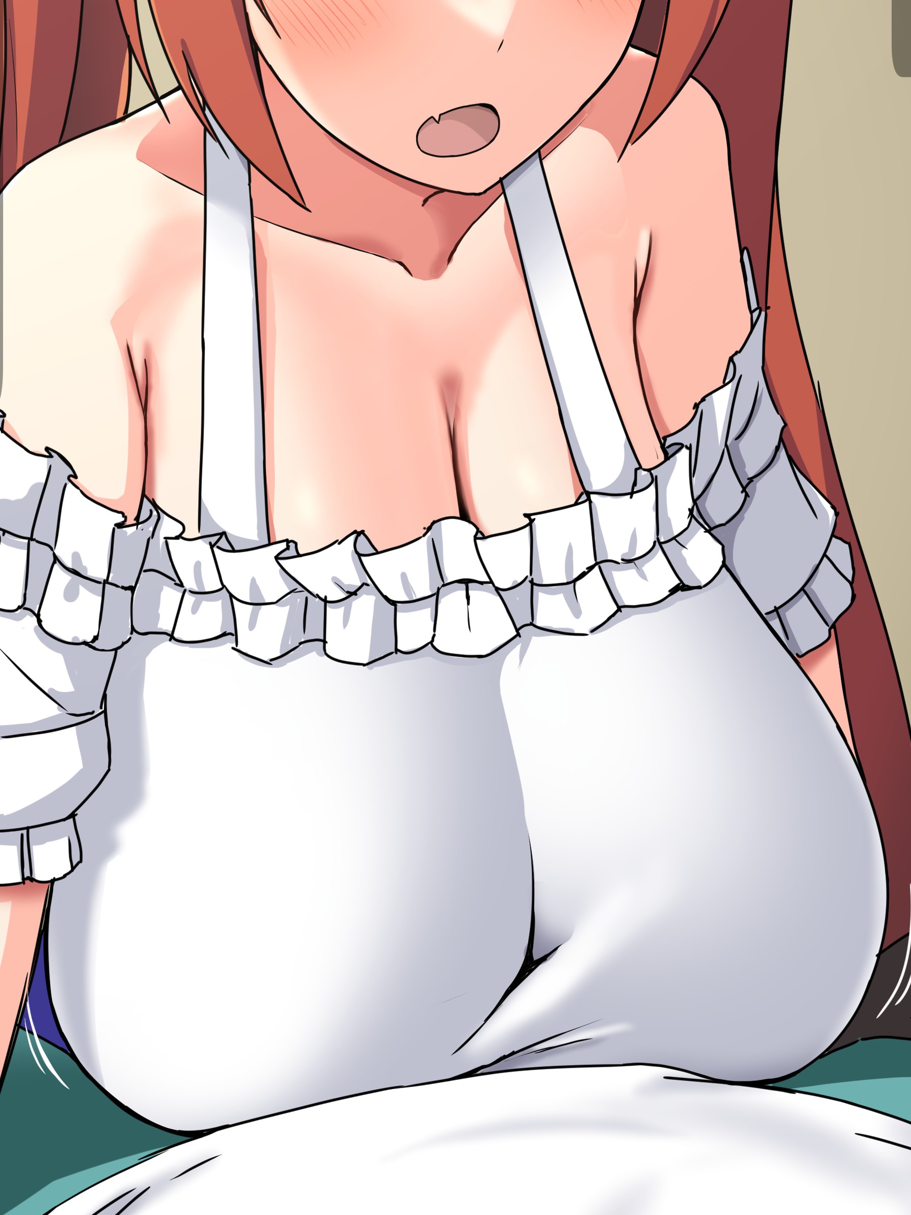 1boy, absurdres, animal ears, bare shoulders, blush, breasts, brown hair, cleavage, daiwa scarlet (casual) (umamusume), daiwa scarlet (umamusume), female, hair intakes, highres, horse ears, horse girl, large breasts, long hair, male, pov, red eyes, solo focus, tiara, tomato rice, translation request, twintails, umamusume, very long hair