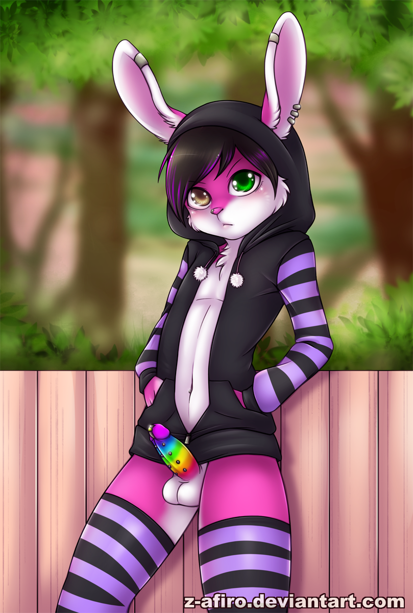 2015 anthro balls blush clothing erection fur genital_piercing girly hair heterochromia hi_res hoodie lagomorph legwear male mammal multicolored_penis penis piercing rabbit rainbow_penis socks solo standing z-afiro