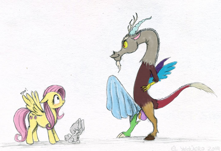 2015 angel_(mlp) antlers balls bedding black_hair blanket brown_fur claws cutie_mark discord_(mlp) draconequus el-yeguero equine erection feathered_wings feathers female feral fluttershy_(mlp) friendship_is_magic fur grey_fur group hair horn lagomorph male mammal my_little_pony pegasus pink_hair rabbit red_eyes simple_background smile white_background white_fur wing_boner wings yellow_feathers yellow_fur