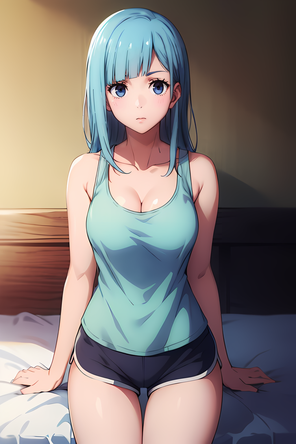 1girls ai_generated bed big_breasts blue_bra blue_eyes blue_hair blue_panties blue_tank_top blush female female_fobcus indoors jujutsu_kaisen kasumi_miwa light-skinned_female light_skin looking_at_viewer medium_hair mediumres naked only_female short_shorts stable_diffusion sunset