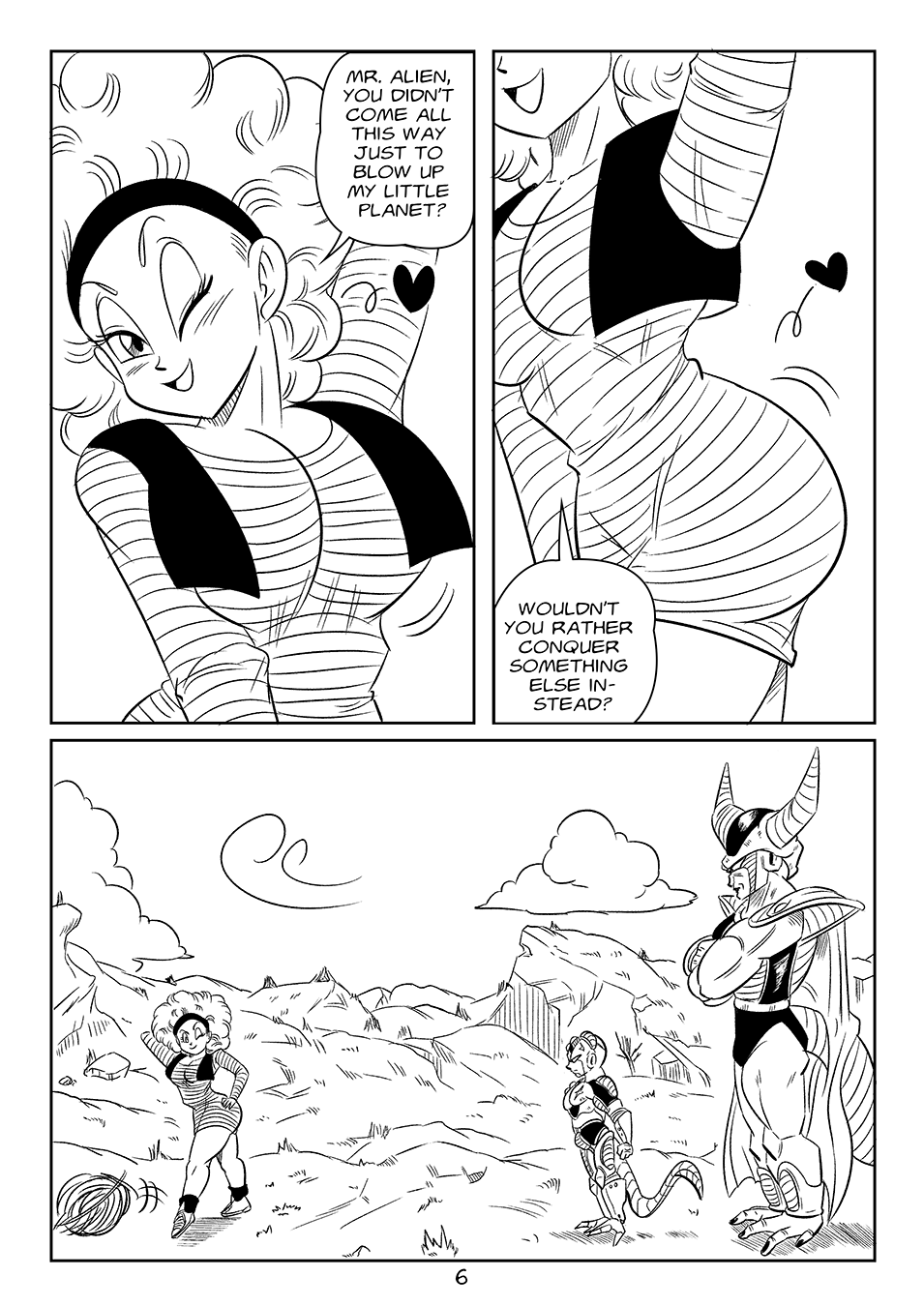 1girls 2boys afro big_breasts black_and_white breasts bulma_(afro) bulma_briefs curvy dragon_ball dragon_ball_super dragon_ball_z frieza funsexydragonball king_cold larger_male monochrome muscular_male page_6 size_difference smaller_female wink