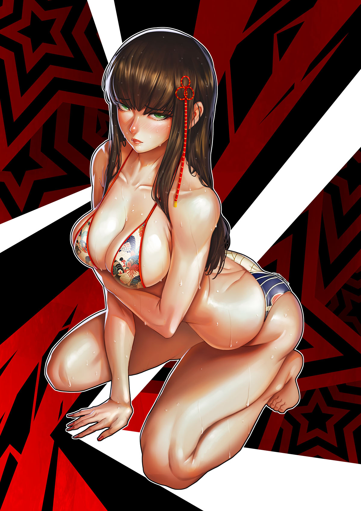 2d alternate_breast_size ass atlus bikini blush breasts brown_hair facing_diagonally feet female female_only green_eyes hifumi_togo long_hair looking_at_viewer megami_tensei nemodecy on_knees one_hand_on_the_ground partially_nude persona persona_5 red_background sega sitting solo sweat