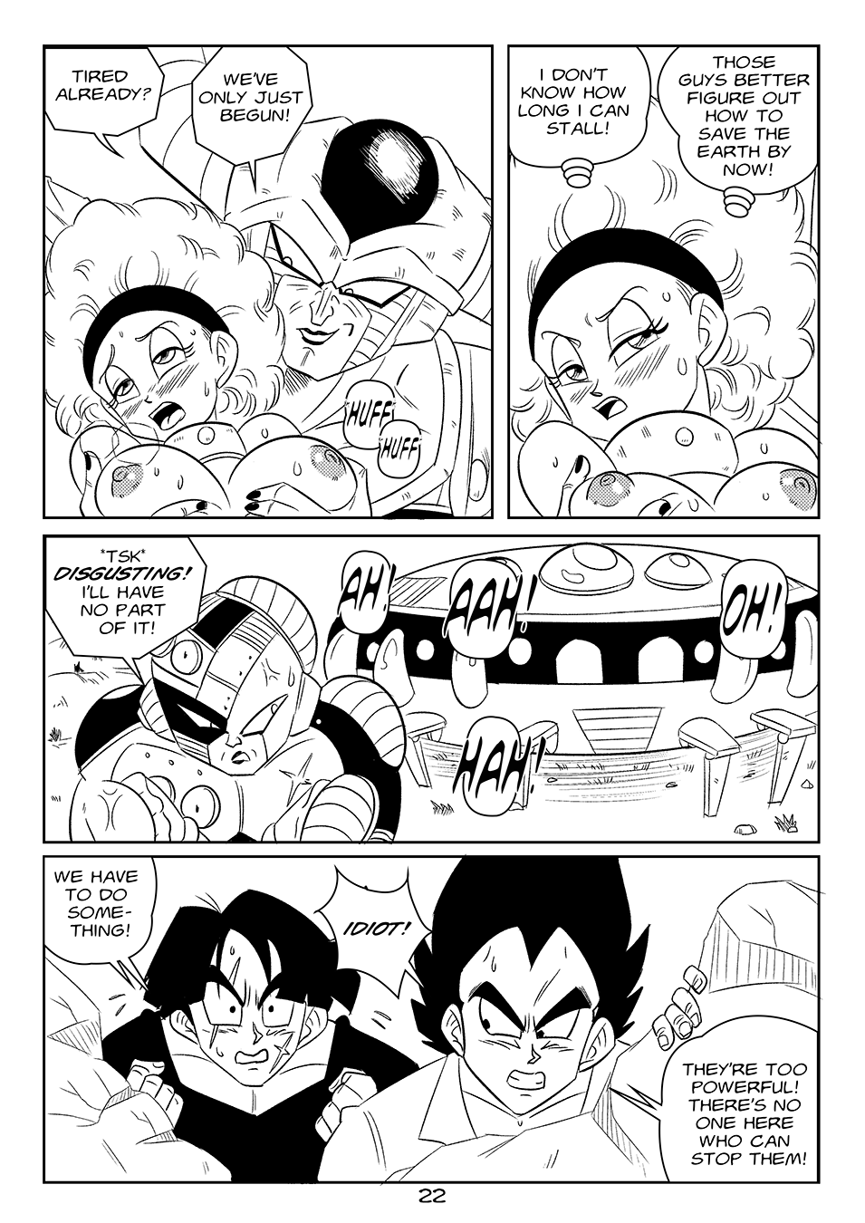 1girls 4boys after_sex big_breasts black_and_white blush breasts dragon_ball dragon_ball_super dragon_ball_z frieza funsexydragonball king_cold monochrome nipples page_22 sweat vegeta yamcha