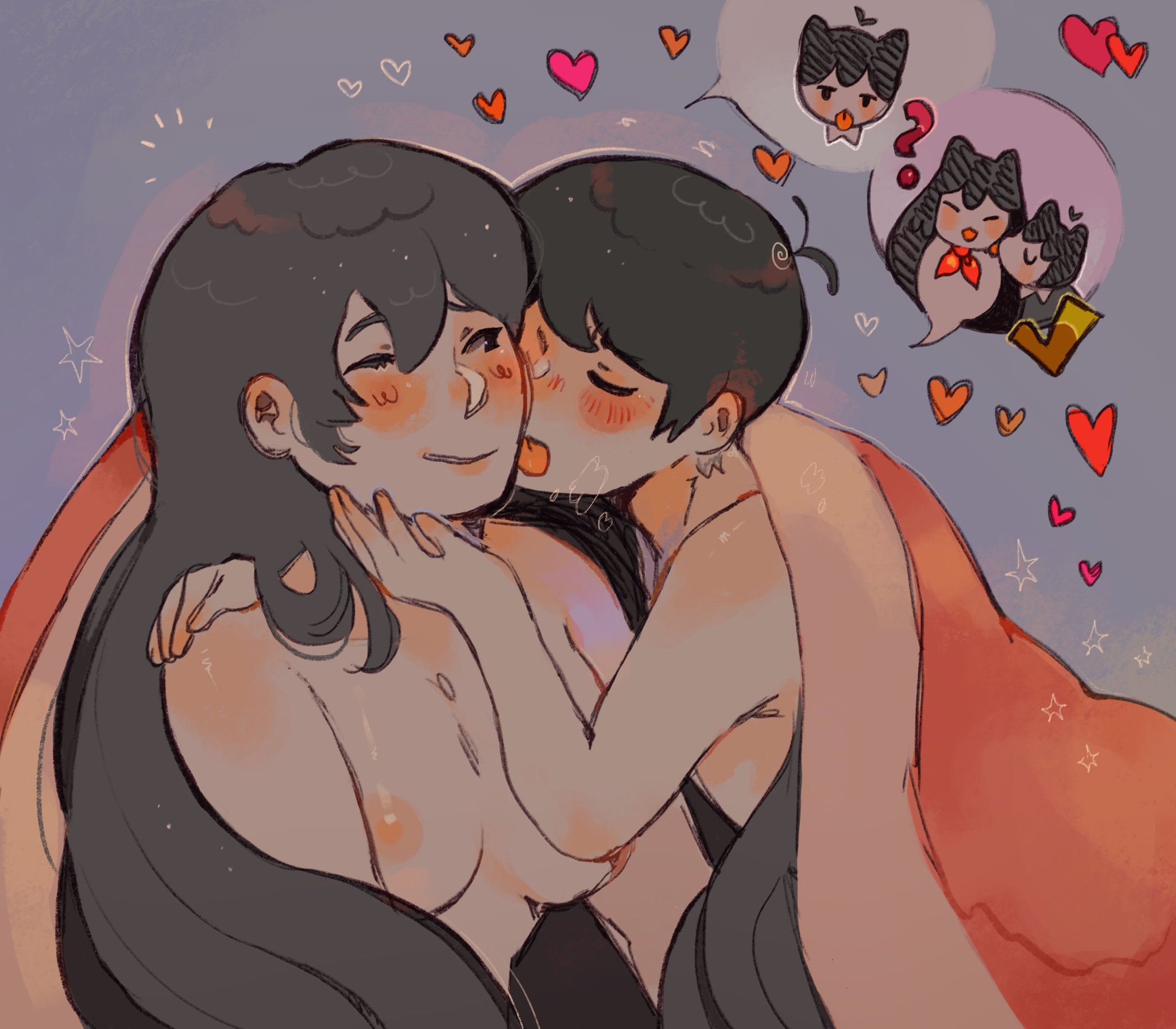 1boy, bedroom, big sister, black eyes, black hair, blush, breasts, brother, brother and sister, brother and sister (lore), female, female human, happy sex, heart, human, incest, kissing, licking, little brother, long hair, male, male human, male/female, mari (omori), nipples, older sister, older sister younger brother, omori, romantic, romantic couple, short hair, siblings, smile, stars, sunny (omori), sweat, younger brother, younger brother and older sister