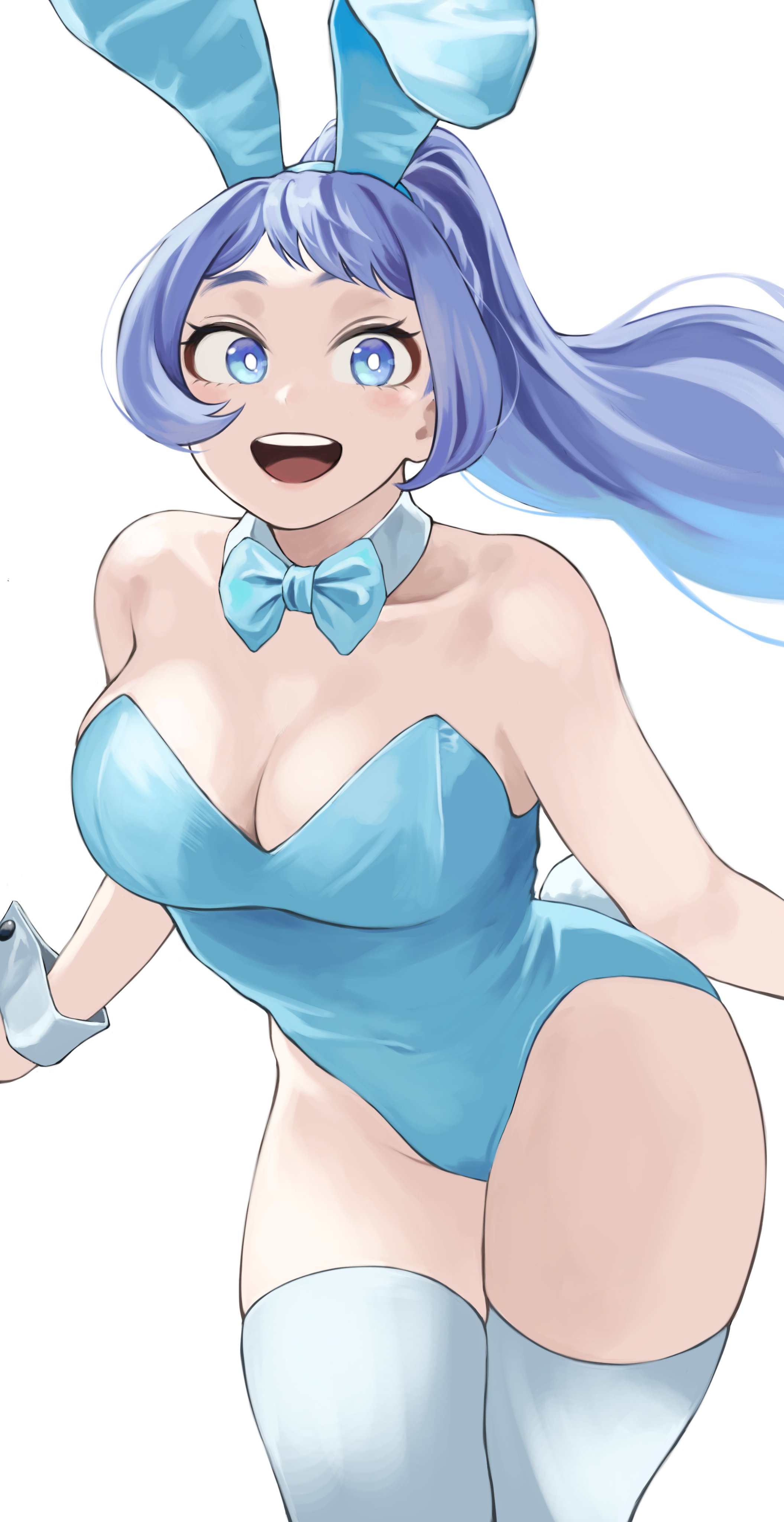:d, 1girls, blue eyes, blue hair, blue-haired female, bowtie, breasts, bunny ears, bunnysuit, cleavage, detached collar, fake animal ears, female, female only, fengling (furin-jp), leotard, my hero academia, nejire hado, open mouth, ponytail, smile, solo, tagme, thighhighs, wrist cuffs