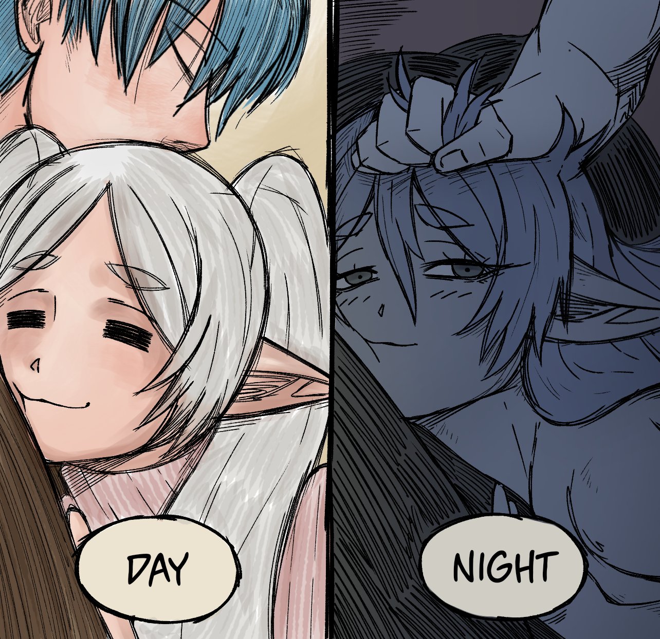 1boy, 1girls, age difference, basedlida, blue hair, day, elf, elf ears, elf female, female, frieren, grabbing hair, green eyes, grey hair, hair grab, himmel (sousou no frieren), holding hair, human, human on elf, light skin, light-skinned female, male, male human/female elf, male/female, mature female, mature male, meme, night, older female, pointy ears, rough sex, smile, smiling, sometimes like this also like that, sousou no frieren, straight, tagme, text, time lapse, time skip, twintails, younger male, younger penetrating older