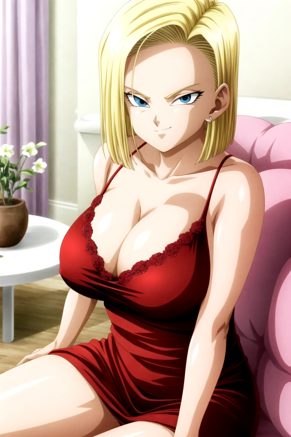 1girls accurate_art_style ai_generated android_18 babydoll bare_legs bare_shoulders bare_thighs big_breasts blonde_hair blue_eyes bob_cut breasts cleavage collarbone dragon_ball dragon_ball_z dress earrings female female_only hoop_earrings huge_breasts indoors jewelry light-skinned_female light_skin lingerie looking_at_viewer mature mature_female nai_diffusion naughty naughty_face naughty_smile pinup revealing_clothes rindo shoulder_length_hair sitting smile smirk solo solo_focus stable_diffusion thick_thighs thighs voluptuous