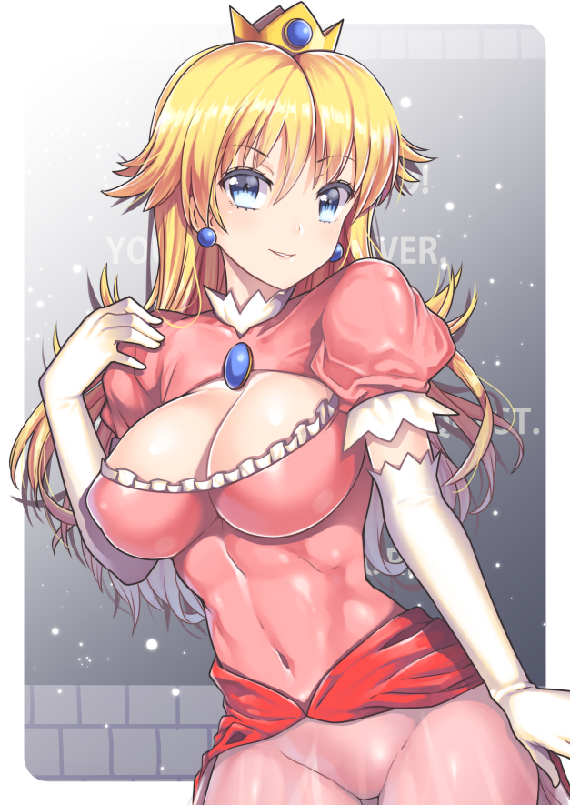 1girls, abs, blonde hair, blue eyes, bodysuit, cleavage, cleavage cutout, crown, earrings, female, female only, long hair, mario (series), nagase haruhito, navel, nintendo, princess peach, see-through, skin tight, smile, solo, standing, super mario bros., super mario bros. (nes), tight clothing