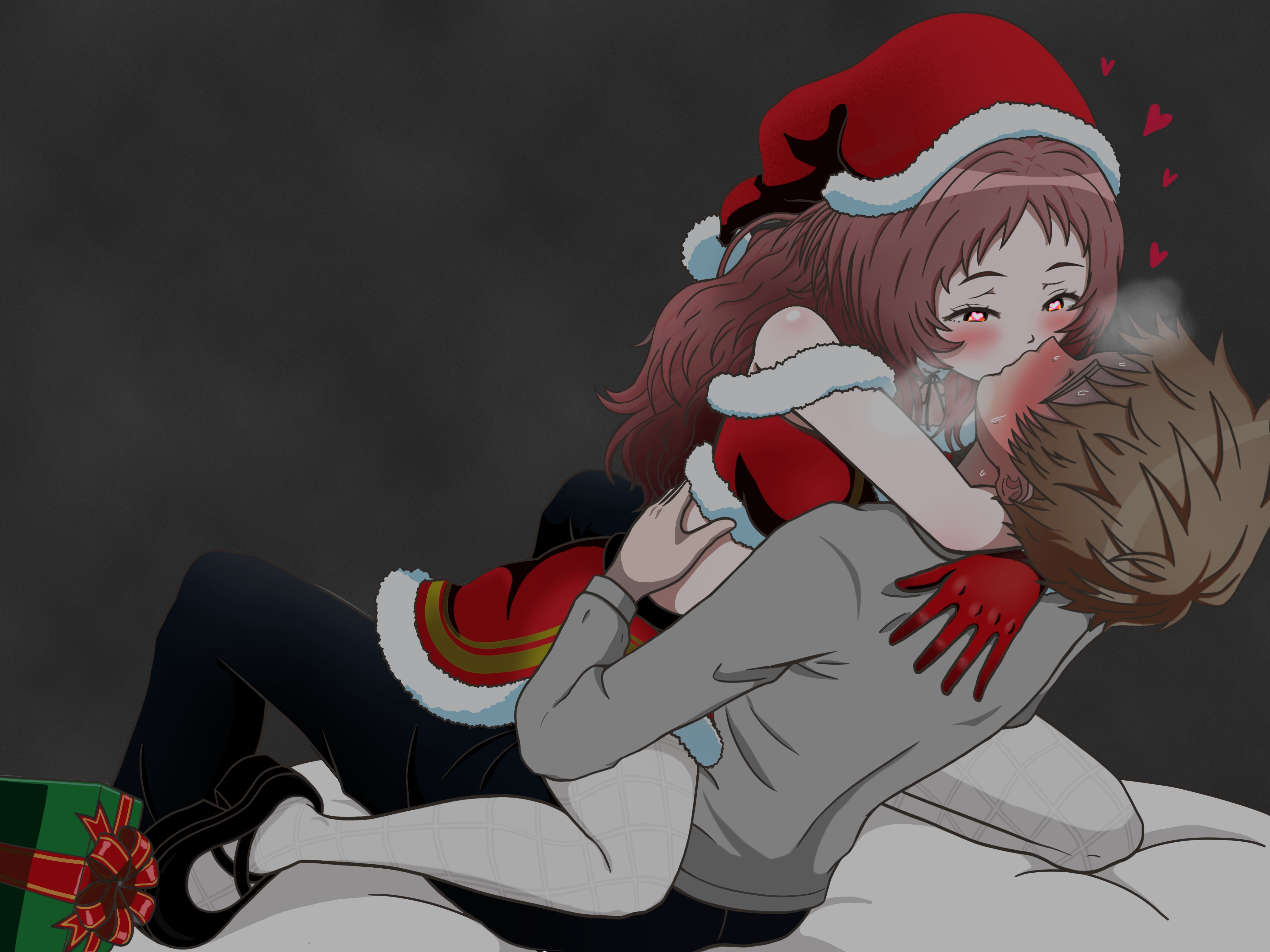 ai mie, christmas, christmas clothing, christmas headwear, christmas outfit, heart-shaped pupils, holidays, hug, kaede komura, kissing, komura (sukinako ga megane wo wasureta), mie (sukinako ga megane wo wasureta), presents, sukinako ga megane wo wasureta