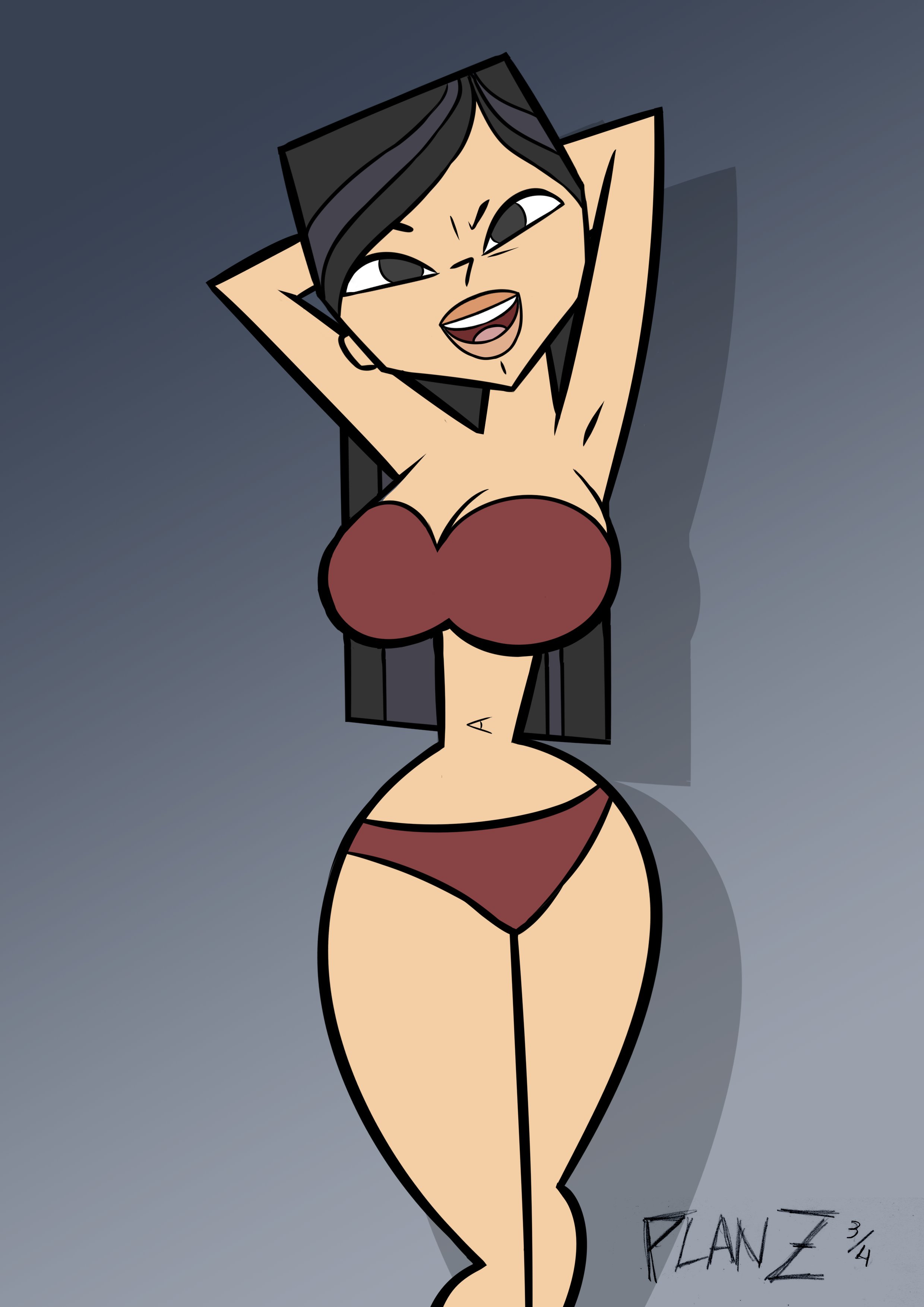 1girls, armpits, asian, asian female, athletic, athletic female, black eyes, black hair, bra, breasts, busty, dark eyes, dark hair, female, female focus, female only, hands behind head, heather (tdi), hourglass figure, light skin, light-skinned female, long hair, navel, panties, pinup, pinup pose, planz34, solo, straight hair, tagme, total drama island, wide hips