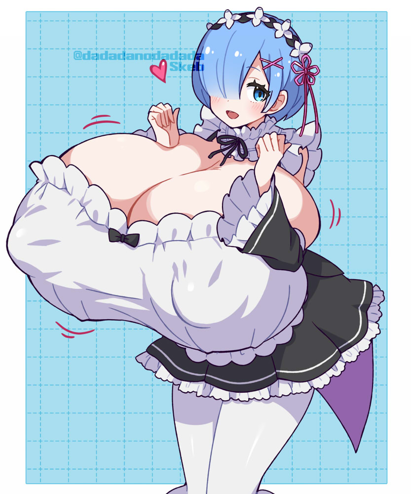 1girls 2d alternate_breast_size bangs blue_eyes blue_hair bursting_breasts dadadanoda detached_sleeves female female_only gigantic_breasts hair_ornament hair_over_one_eye heart maid maid_headdress maid_uniform massive_breasts motion_lines nipple_bulge open_mouth re:zero_kara_hajimeru_isekai_seikatsu rem_(re:zero) reward_available short_hair simple_background thighhighs white_thighhighs x_hair_ornament