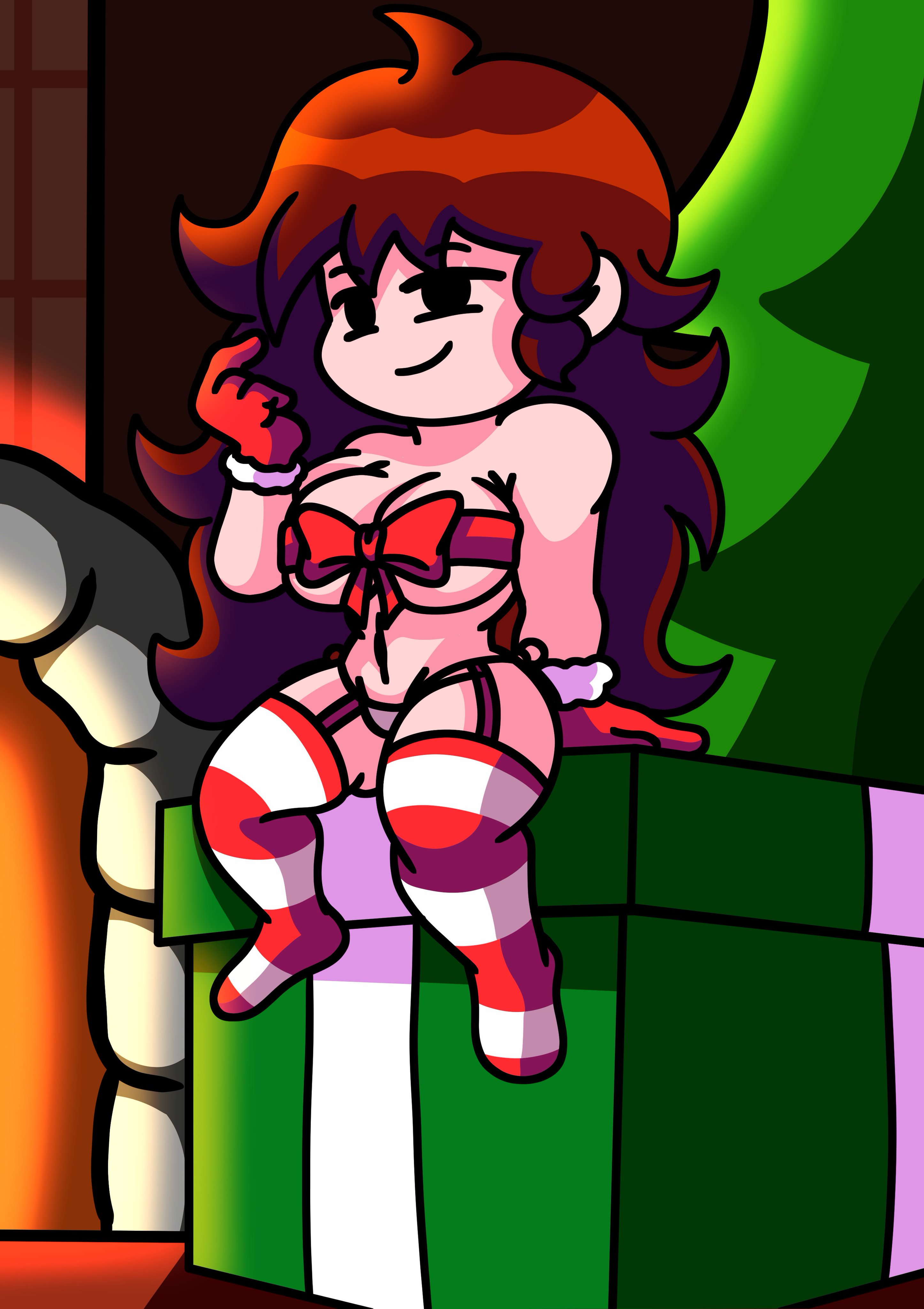 barely clothed, christmas, darkasiden, female, friday night funkin, garter straps, girlfriend (friday night funkin), gloves, panties, ribbon, tagme, thighhighs