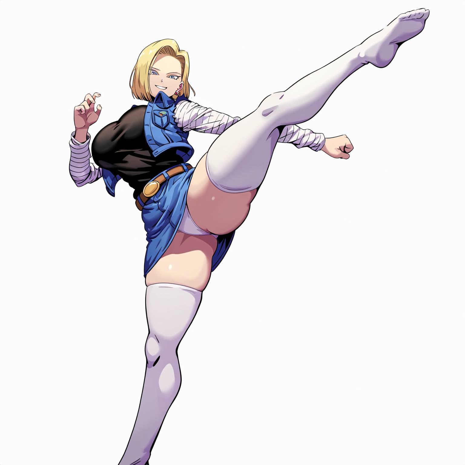 ai generated, android 18, blonde hair, dragon ball, dragon ball z, female, legs apart, miniskirt, panties, short hair, skirt, white panties