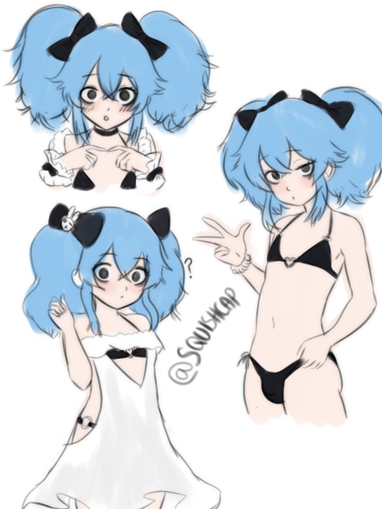 1boy @_@ bikini black_eyes blue_hair blush bulge dress femboy hair_ribbon original_character pale_skin skinny squishcap_(artist) twintails twitter_username